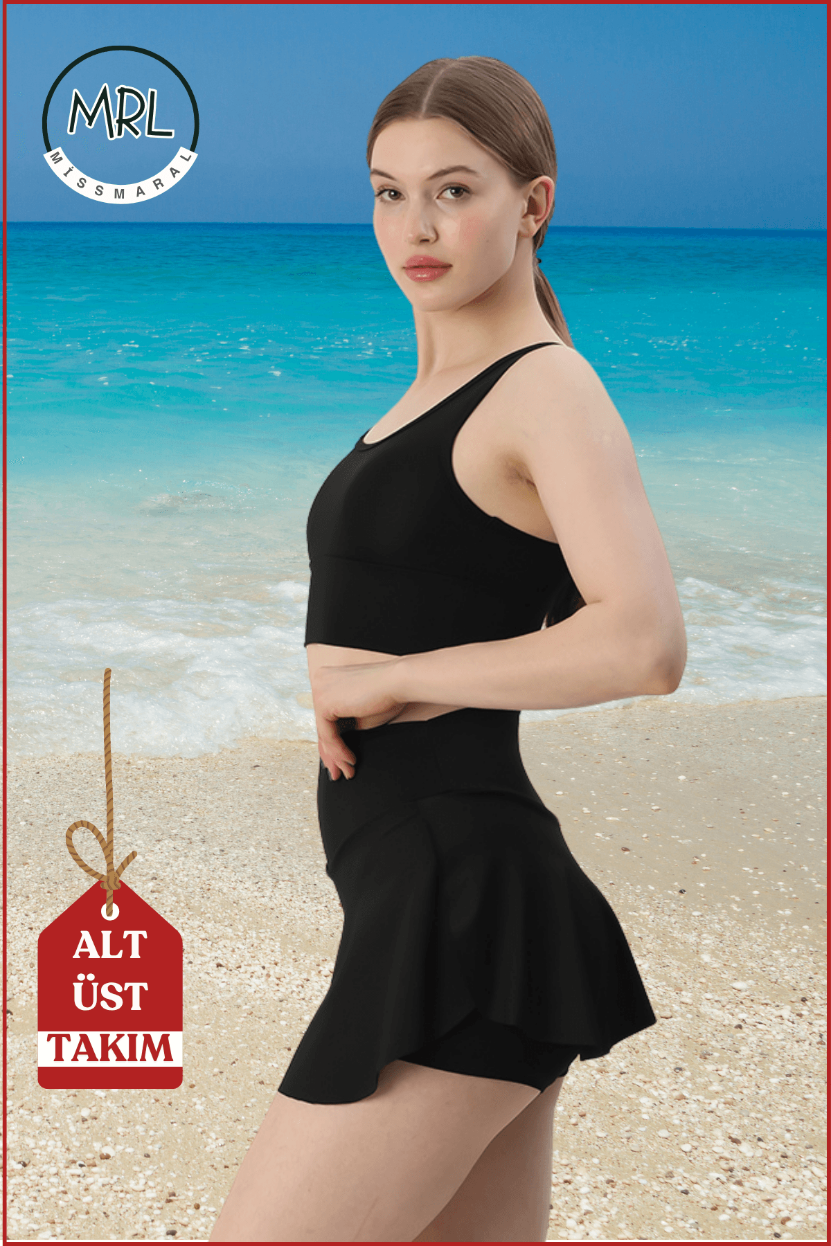 Alt-Üst Takım Şort & Crop Etek Görünümlü Şort Ve Ped Destekli Crop Deniz Havuz Spor Fitness
