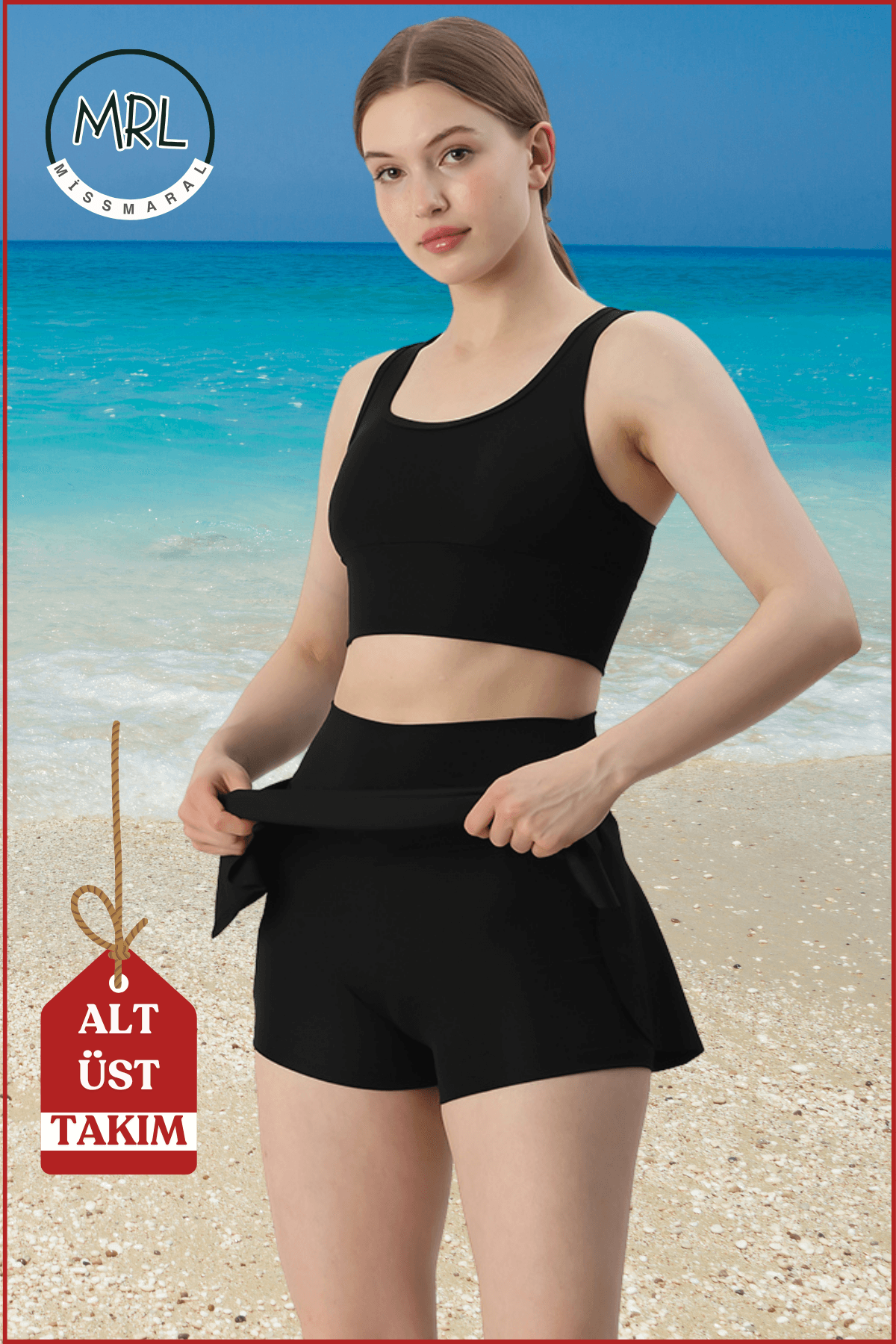 Alt-Üst Takım Şort & Crop Etek Görünümlü Şort Ve Ped Destekli Crop Deniz Havuz Spor Fitness