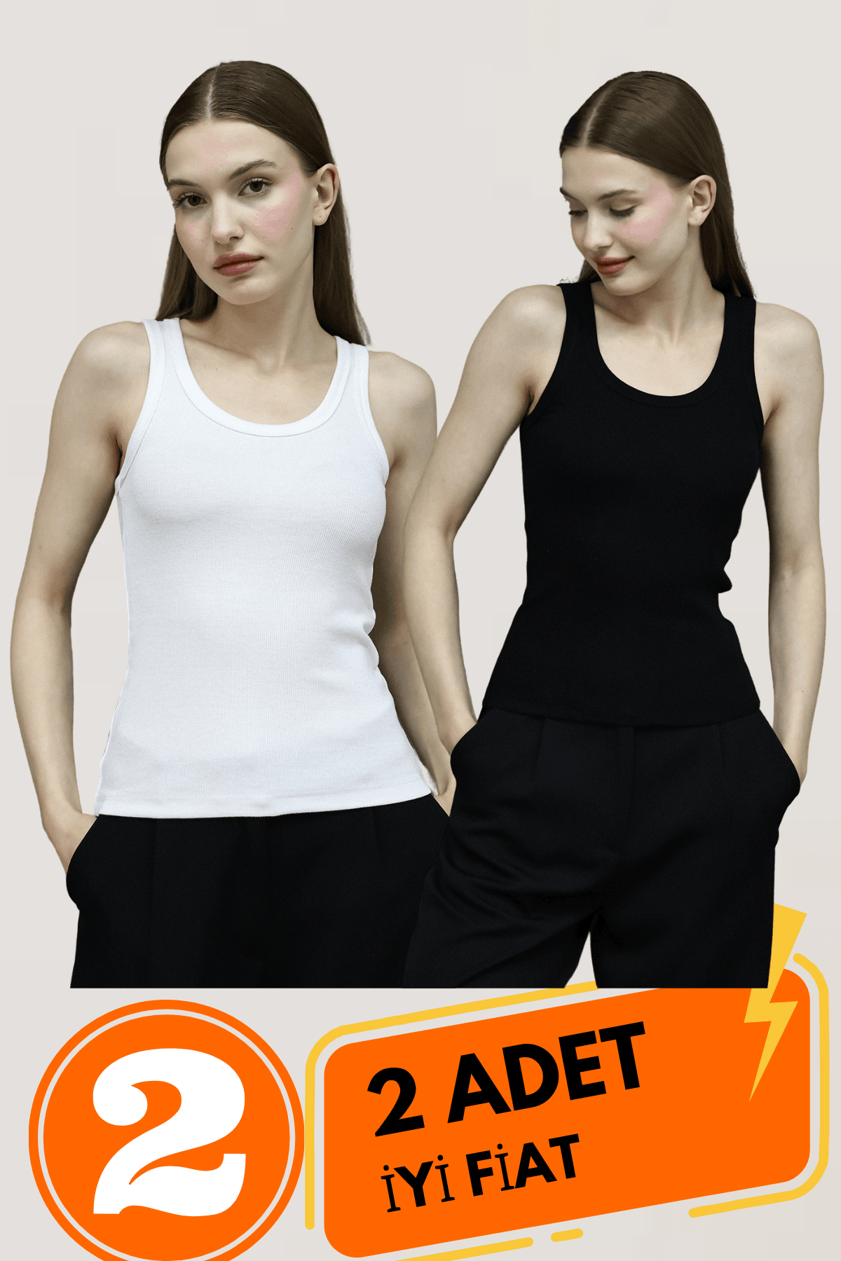 Lıllesol Kadın Siyah Ve Beyaz 2li Paket Fitilli Görünümlü Kalın Askılı Basic Pamuklu Atlet Camisole