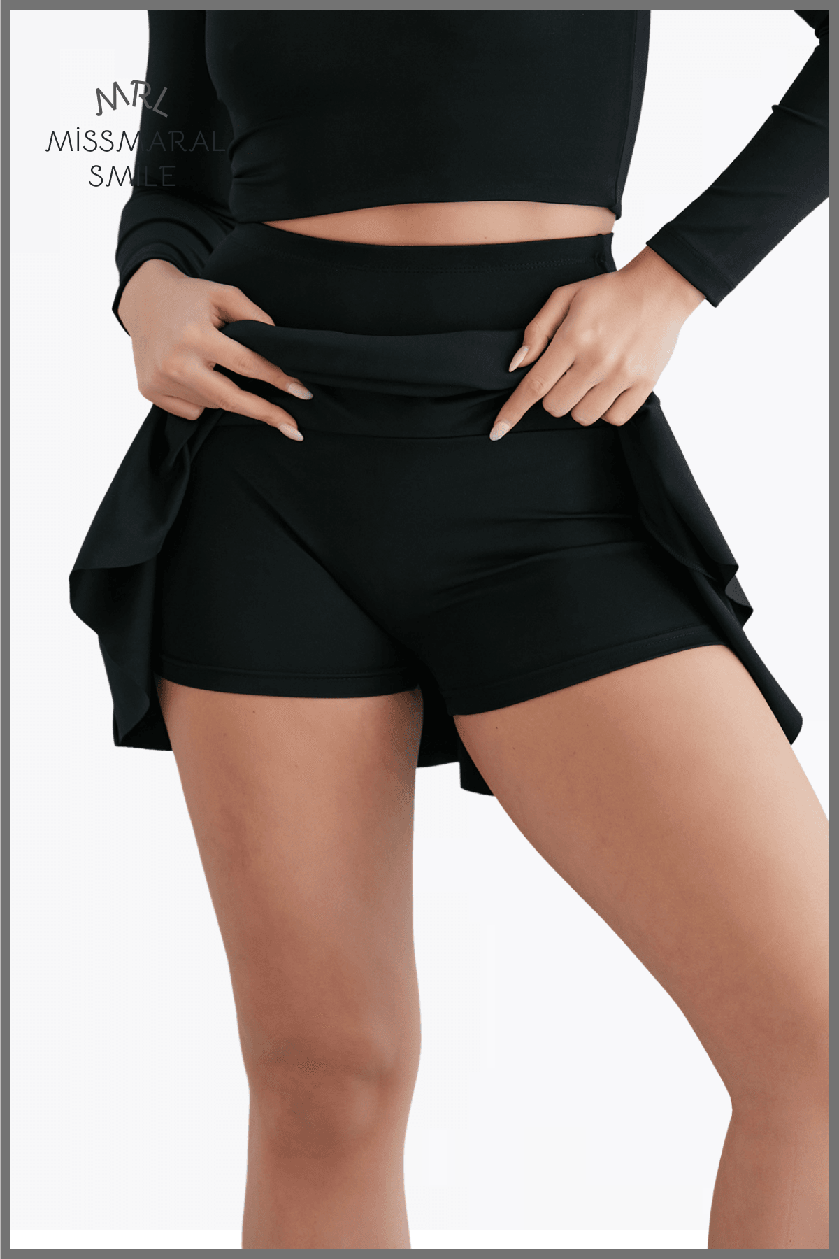 Siyah Yüksek Bel Volanlı Şortlu Spor Etek Deniz Şortu Skirt With Shorts 1101