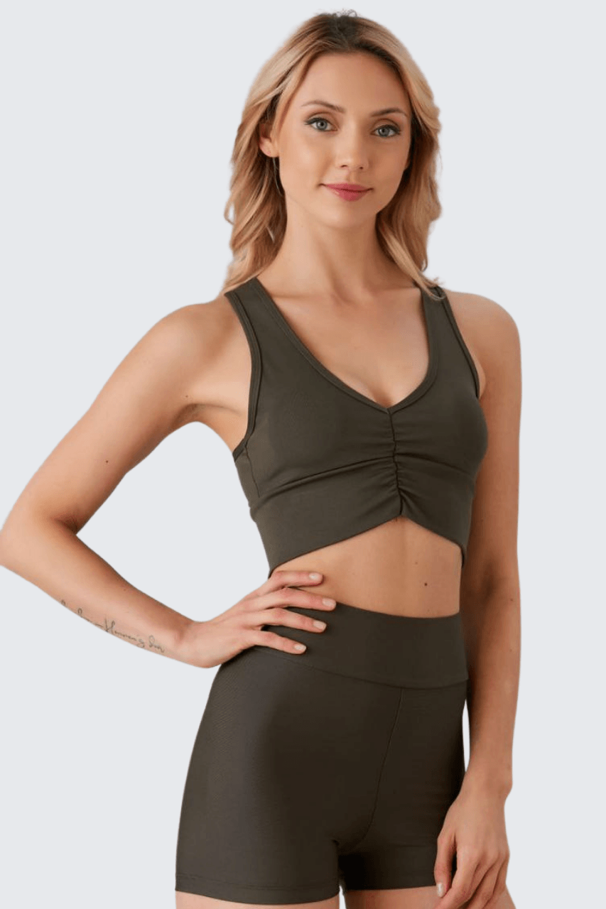 Hafif Destekli Kaplı Önü Büzgülü Crop Top Büstiyer Haki Spor ve Günlük Kullanım 5101