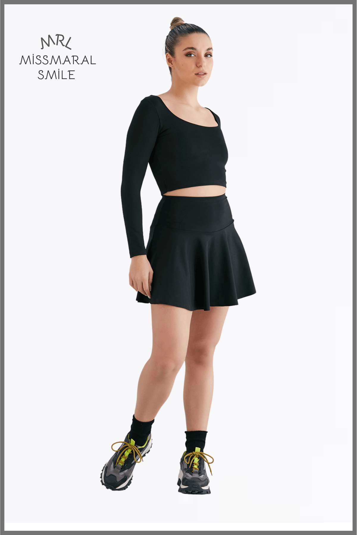 Siyah Yüksek Bel Volanlı Şortlu Spor Etek Deniz Şortu Skirt With Shorts 1101