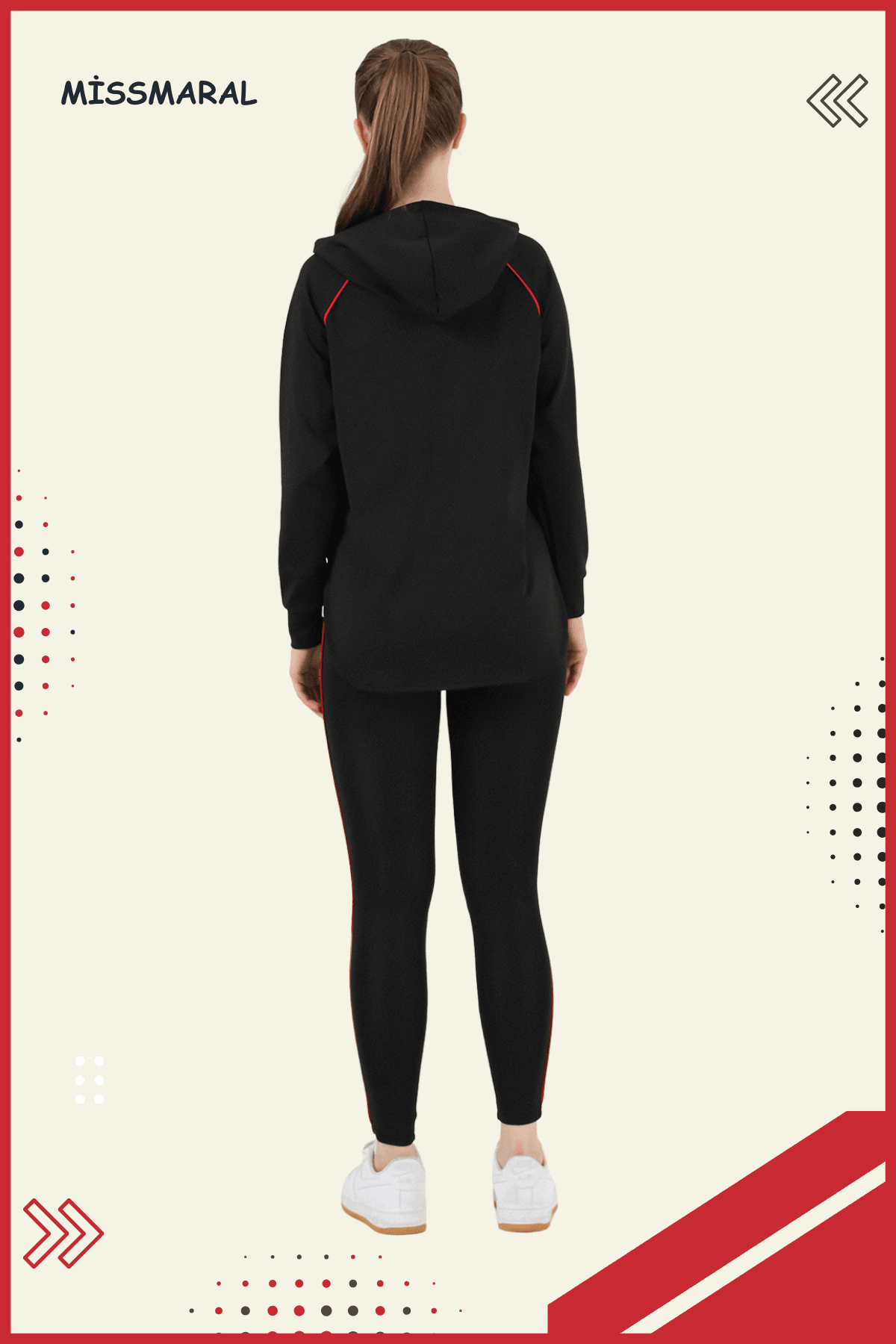 Kadın Eşofman Takım Spor Tunik & Slim Fit Tayt Dalgıç Kumaş Sports And Casual Siyah -kırmızı 3060