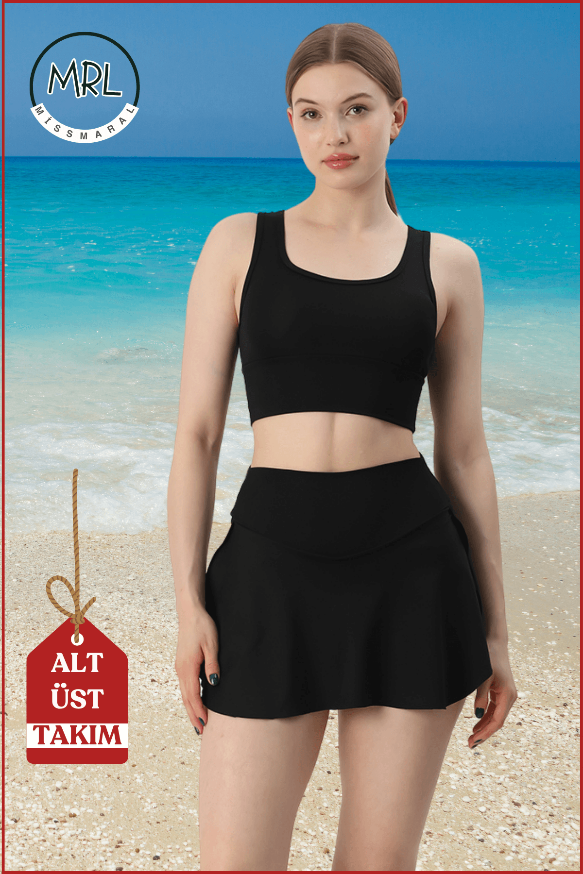 Alt-Üst Takım Şort & Crop Etek Görünümlü Şort Ve Ped Destekli Crop Deniz Havuz Spor Fitness