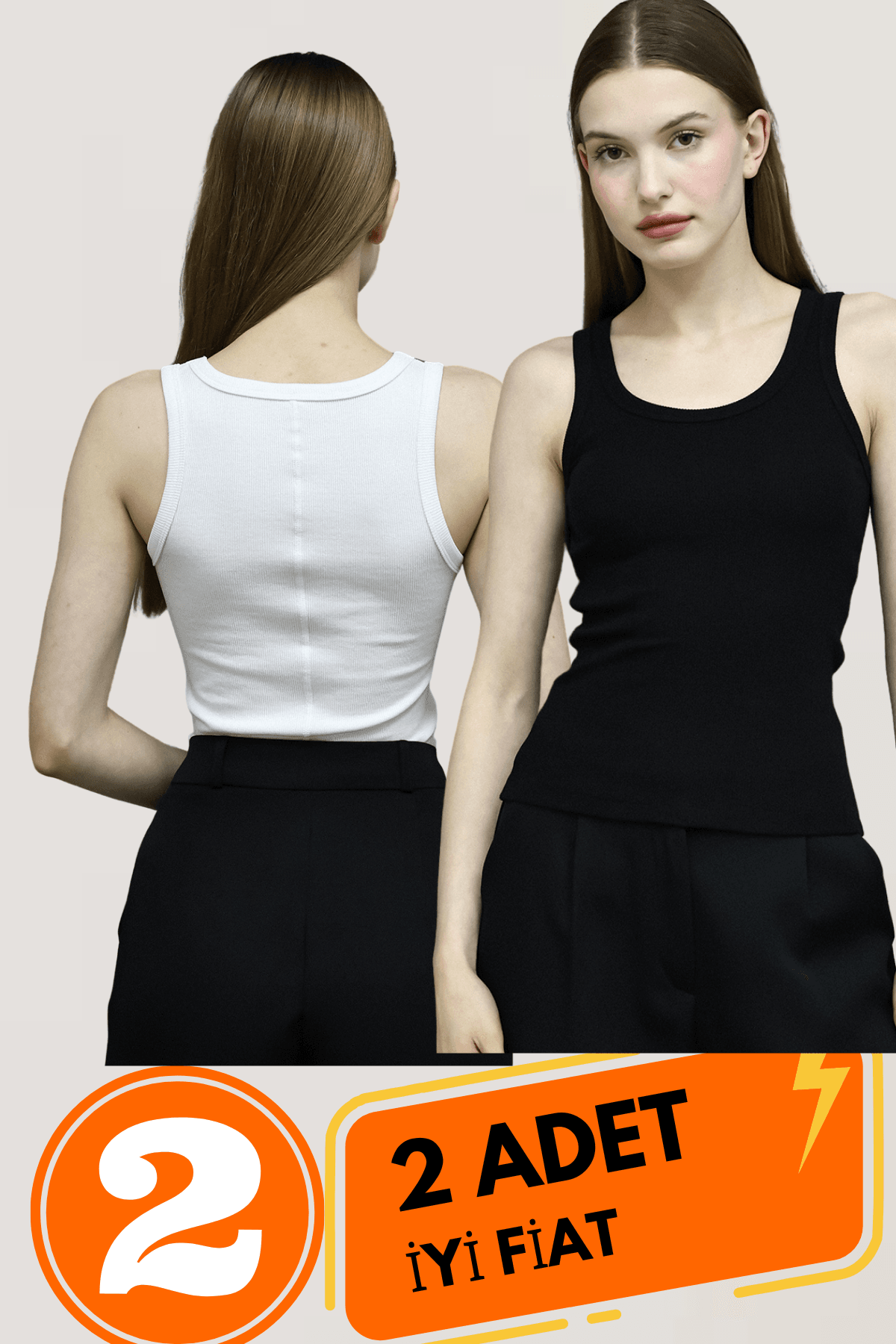 Lıllesol Kadın Siyah Ve Beyaz 2li Paket Fitilli Görünümlü Kalın Askılı Basic Pamuklu Atlet Camisole