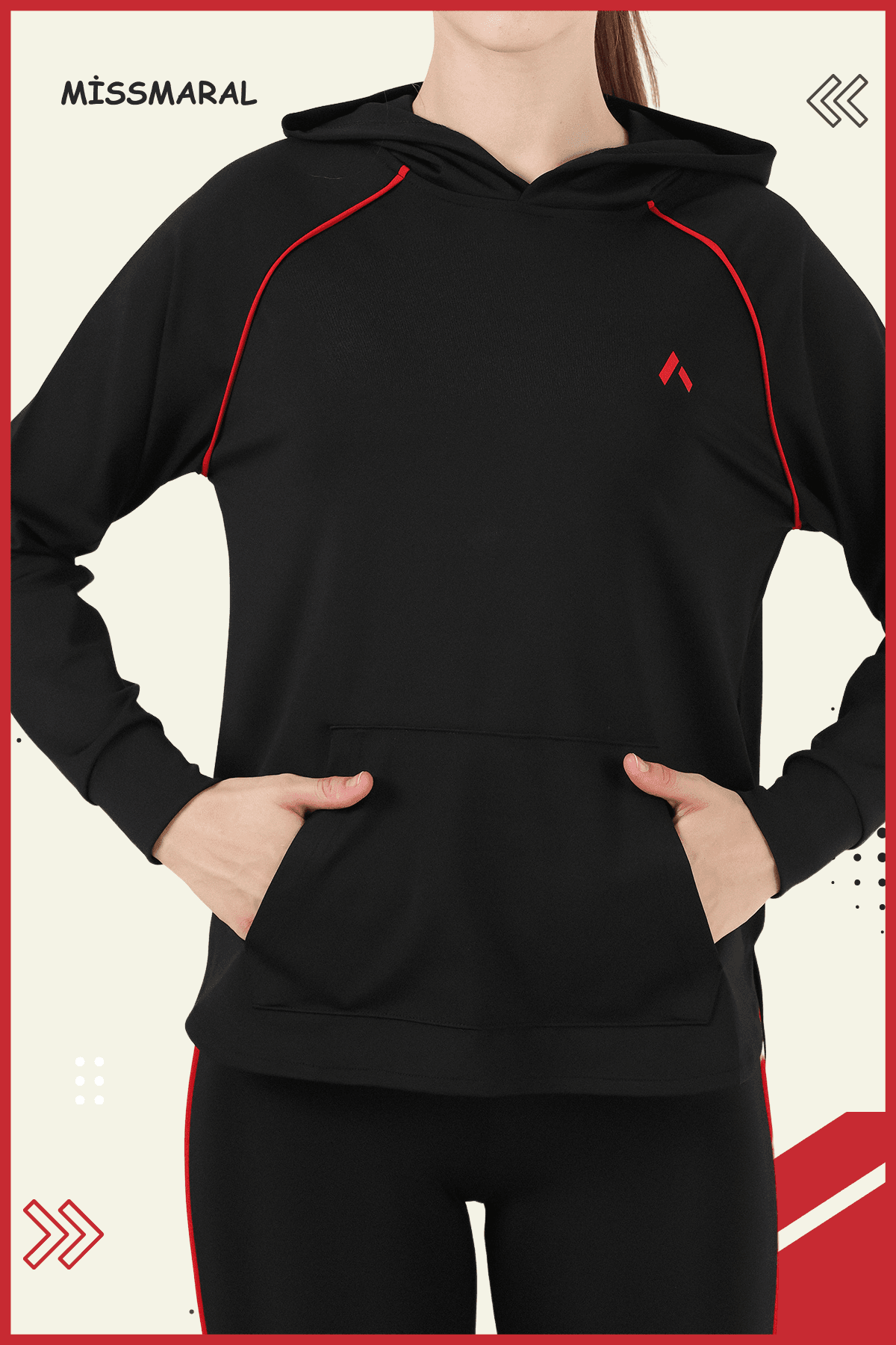 Kadın Eşofman Takım Spor Tunik & Slim Fit Tayt Dalgıç Kumaş Sports And Casual Siyah -kırmızı 3060