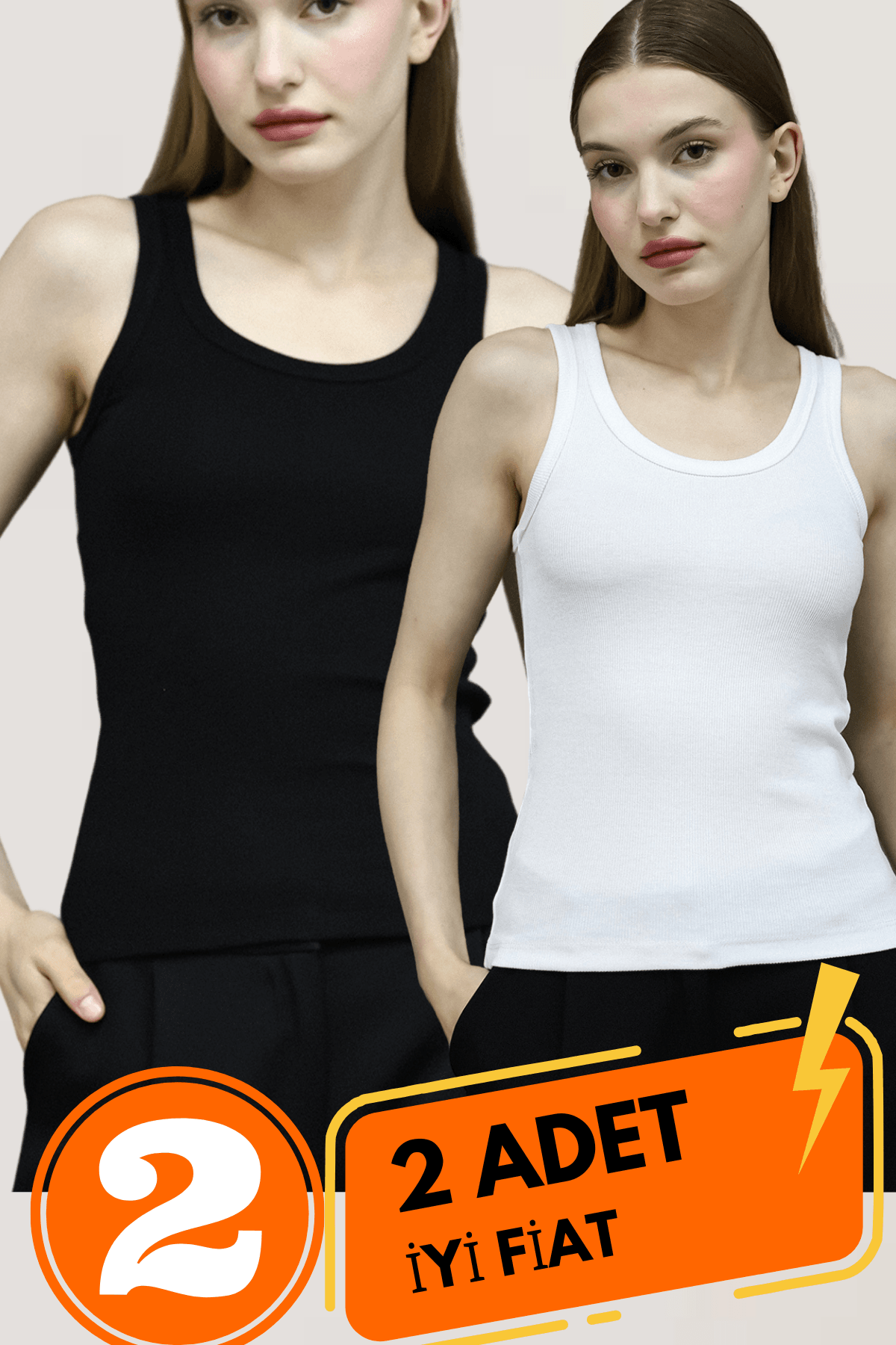 Lıllesol Kadın Siyah Ve Beyaz 2li Paket Fitilli Görünümlü Kalın Askılı Basic Pamuklu Atlet Camisole