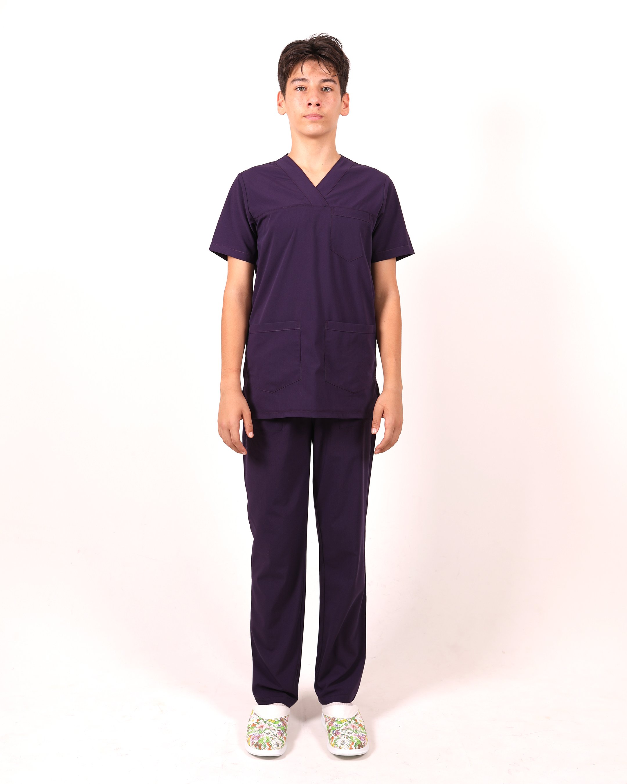 V Yaka Erkek Scrubs Takımı - Mürdüm