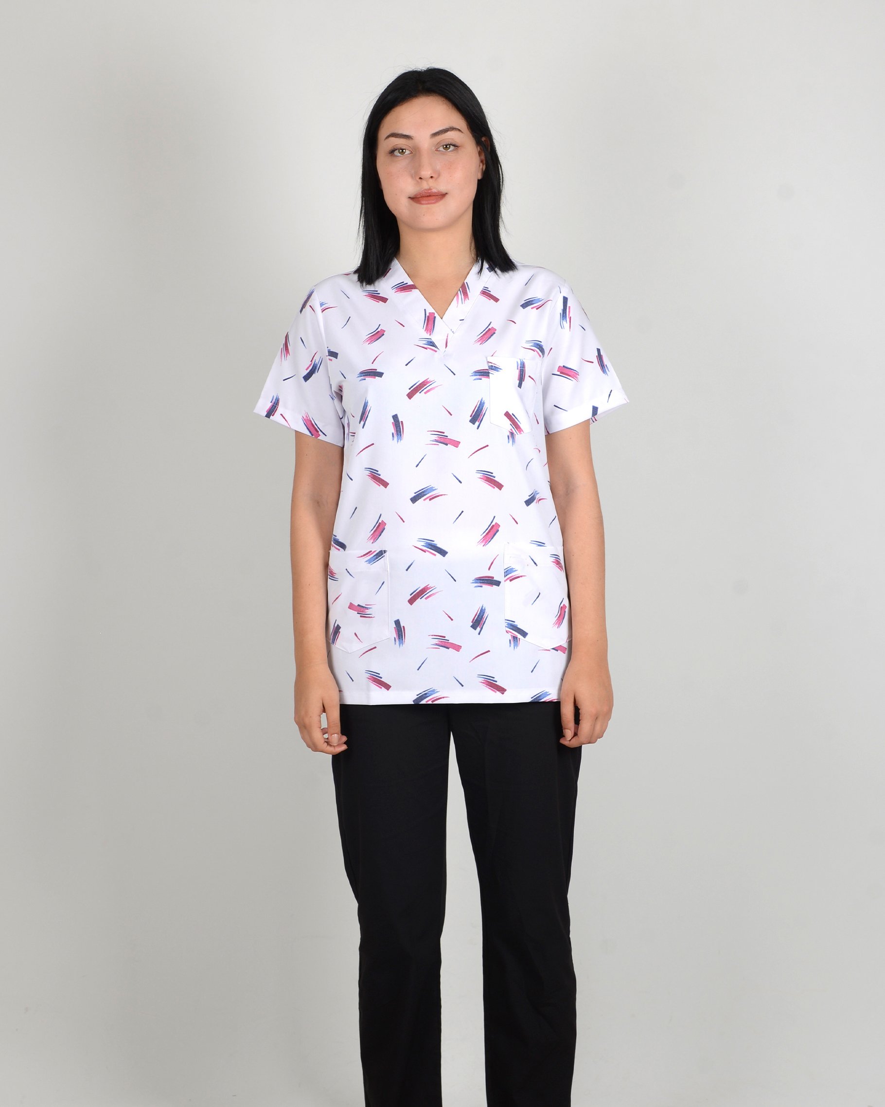Soyut Desenli Yarasa Kol Scrubs (Sadece Üst)