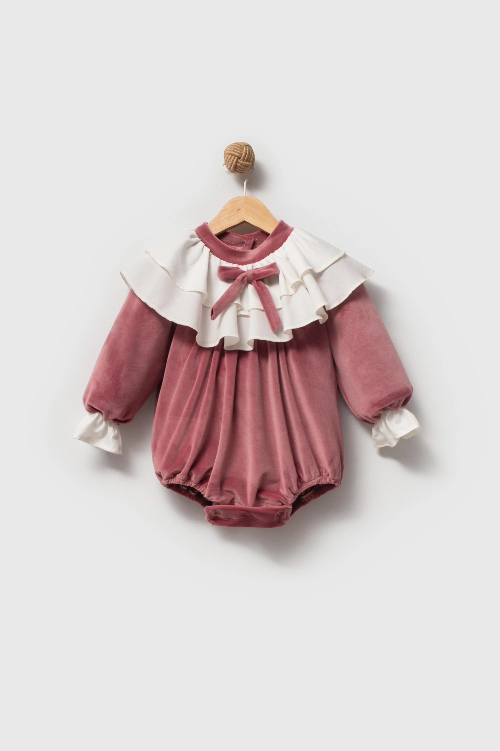 Christina Kadife Kumaş Fırfır Yakalı Kız Bebek Tasarım Romper - Gül Kurusu