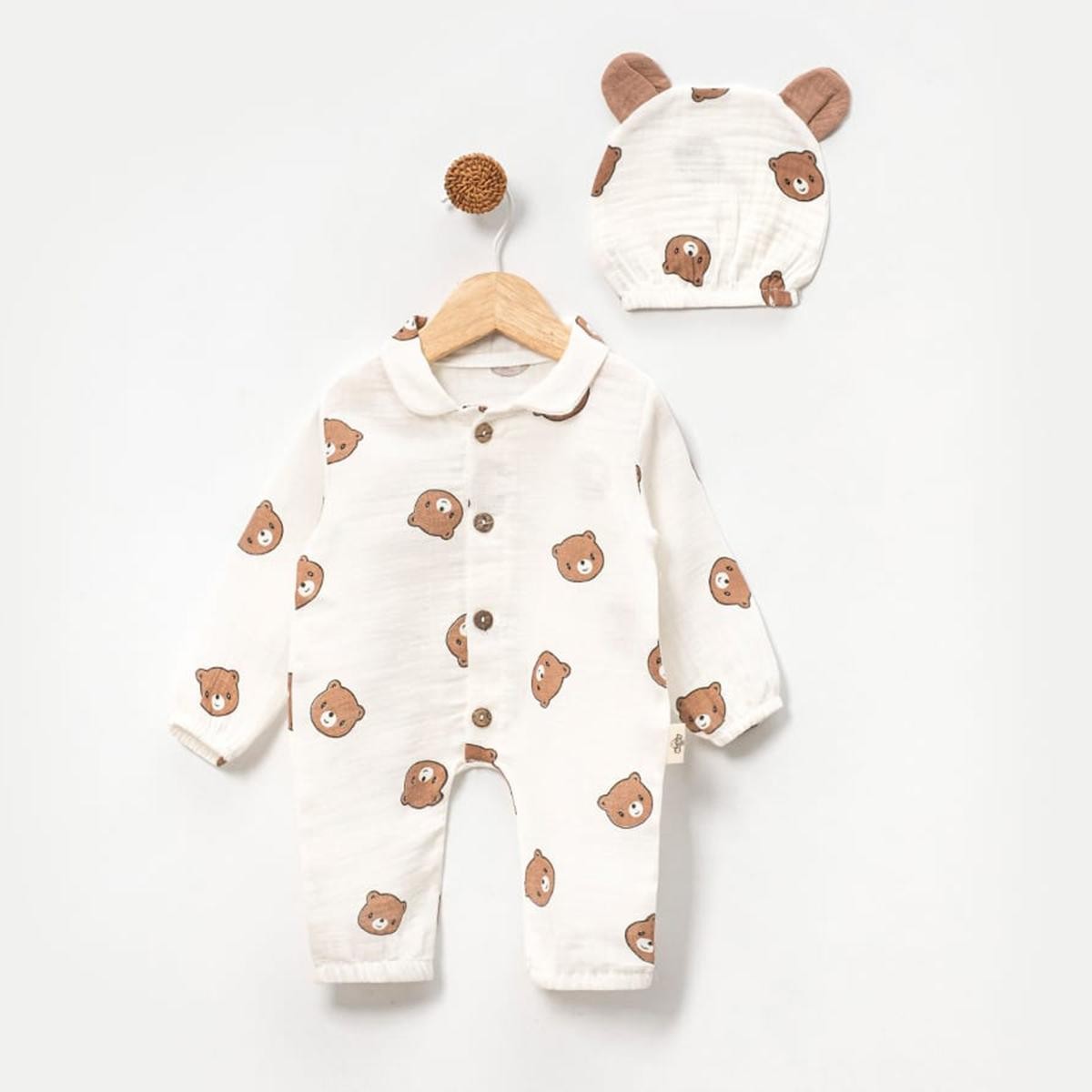 Luther Pamuklu Müslin Unisex Bebek Ayıcıklı Tulum - Ekru