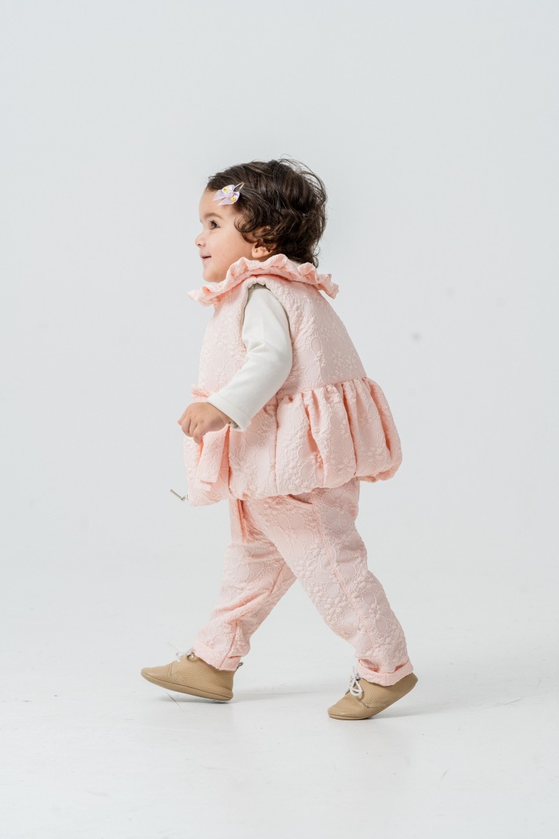 Kız Bebek Yaka Detaylı Fiyonklu 9-12-18 Ay Yelekli 3lü Takım - Pudra