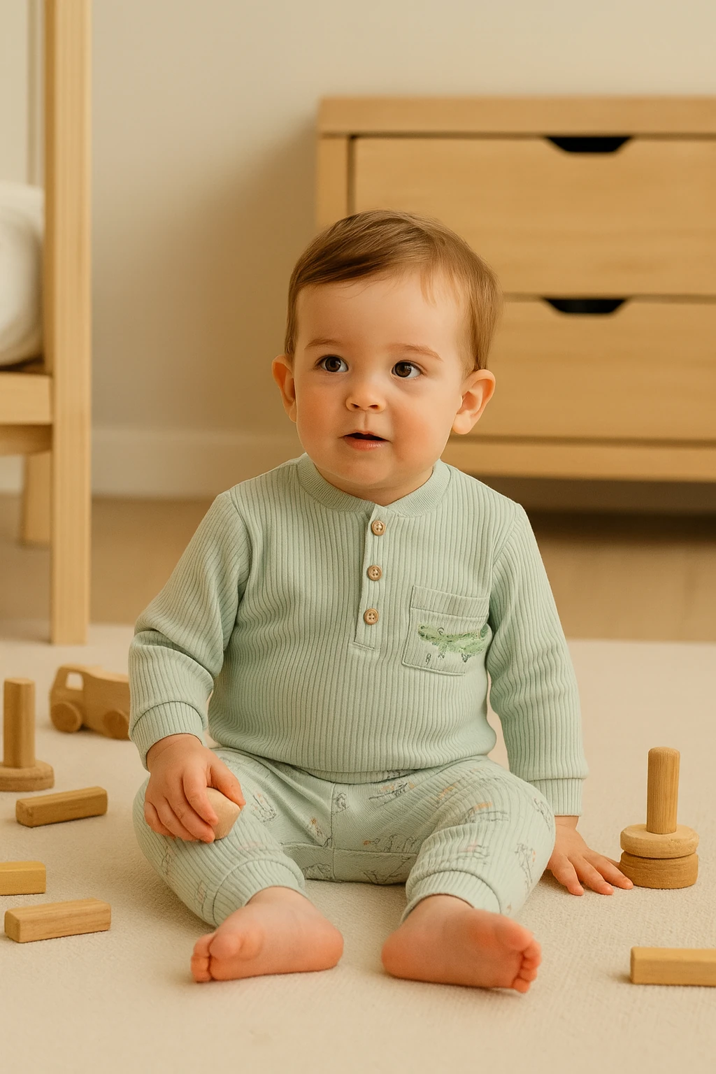 Crocodile Erkek Bebek 3-6-9-12 Ay Düğme Detaylı 2li Takım