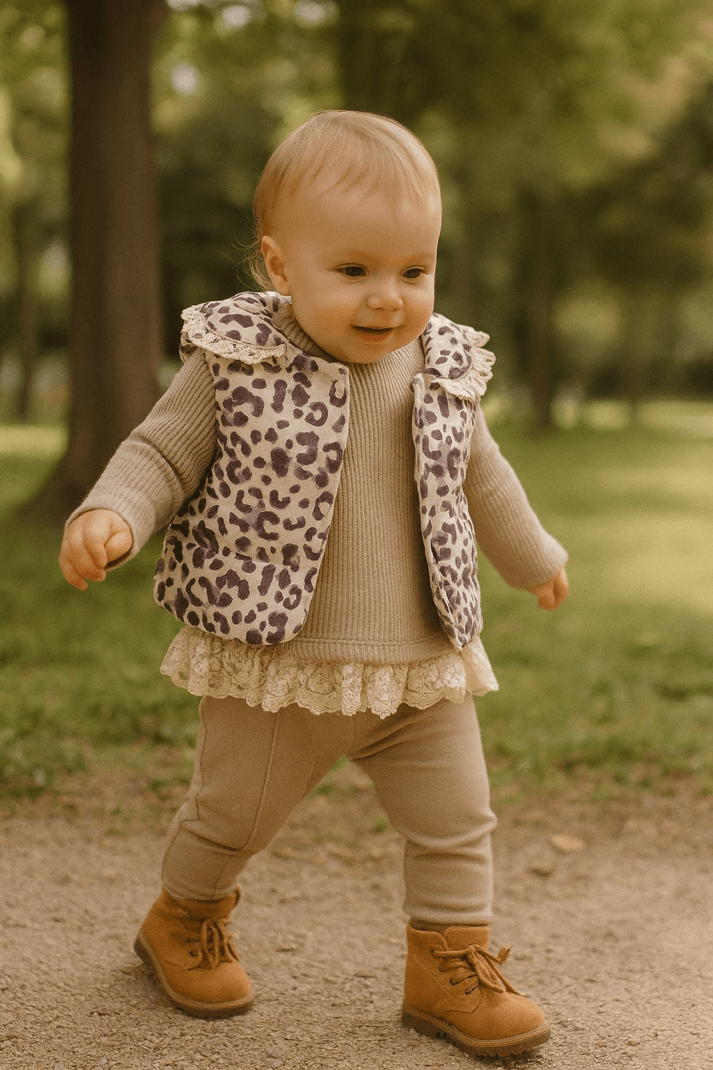 Kız Bebek Dantel Detaylı Leopar Yelekli 9-12-18 Ay 3lü Takım - Bej