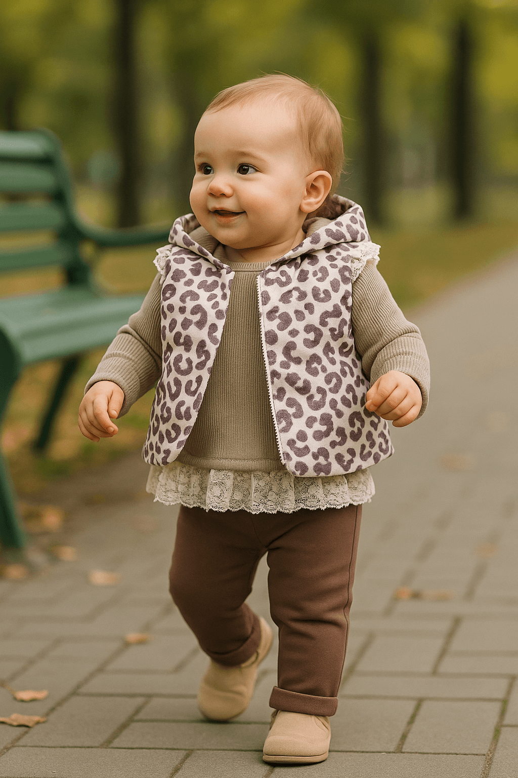 Kız Bebek Dantel Detaylı Leopar Yelekli 9-12-18 Ay 3lü Takım - Kahverengi