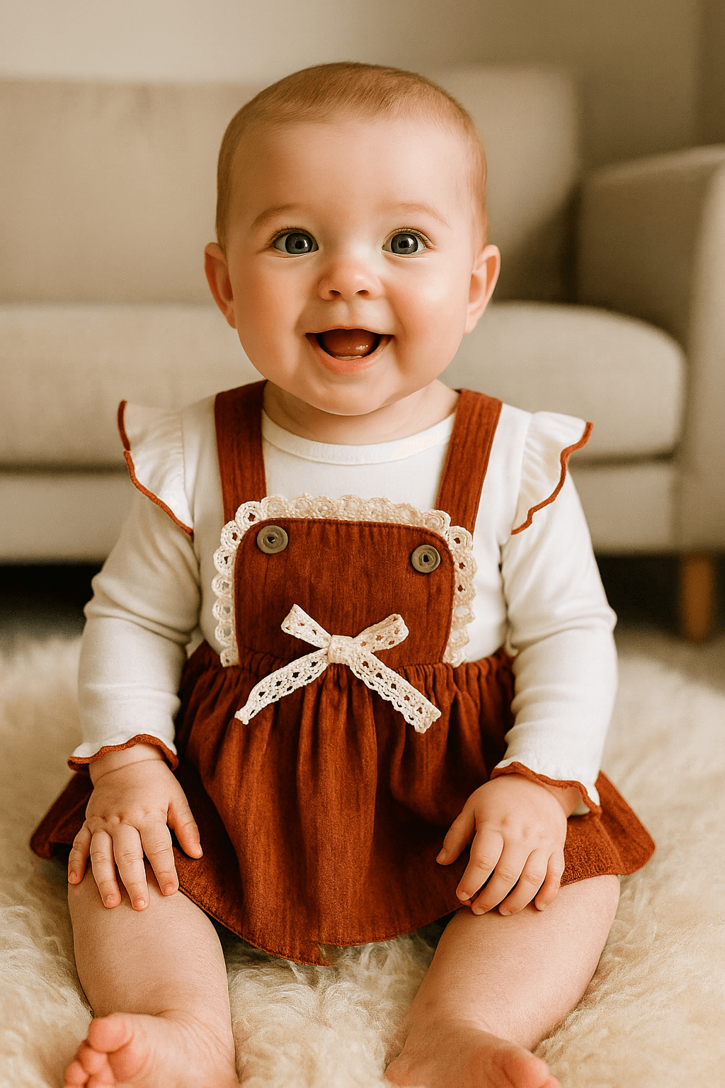 Kız Bebek Fiyonk Detaylı Düğmeli 3-6-9-12 Ay Kadife Jile Takım - Kiremit