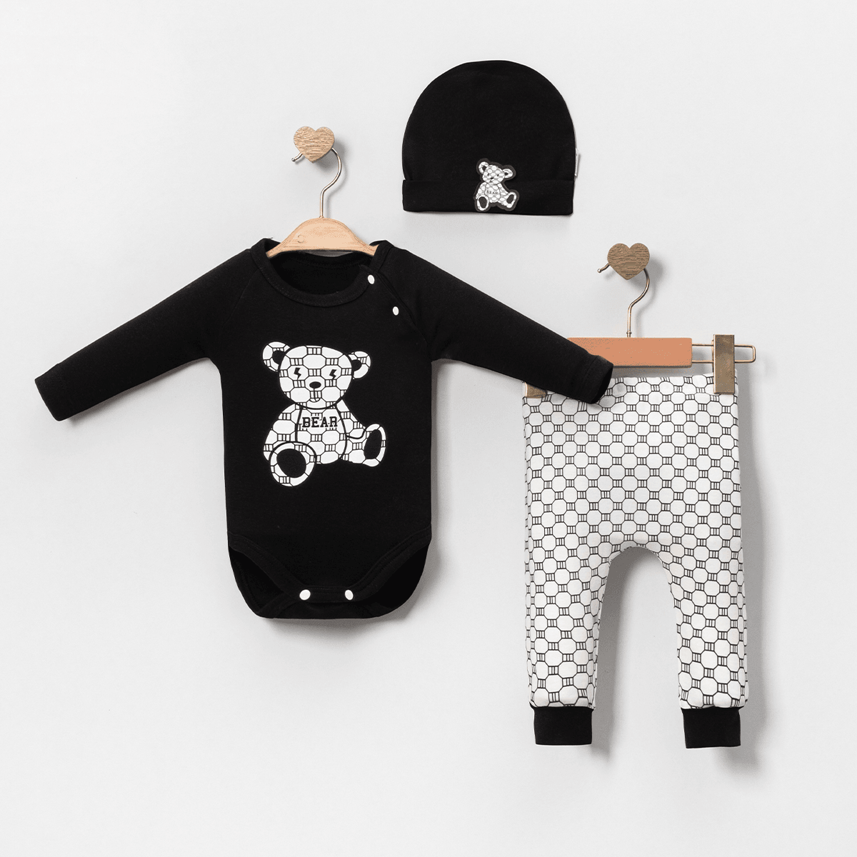 B-Bear Baskılı Pamuklu Erkek  Bebek Takım - Siyah