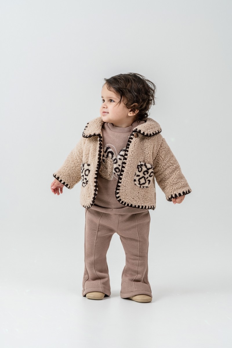 Teddy Ceket Detaylı Leopar Cep Desenli 9-12-18 Ay 3lü Takım