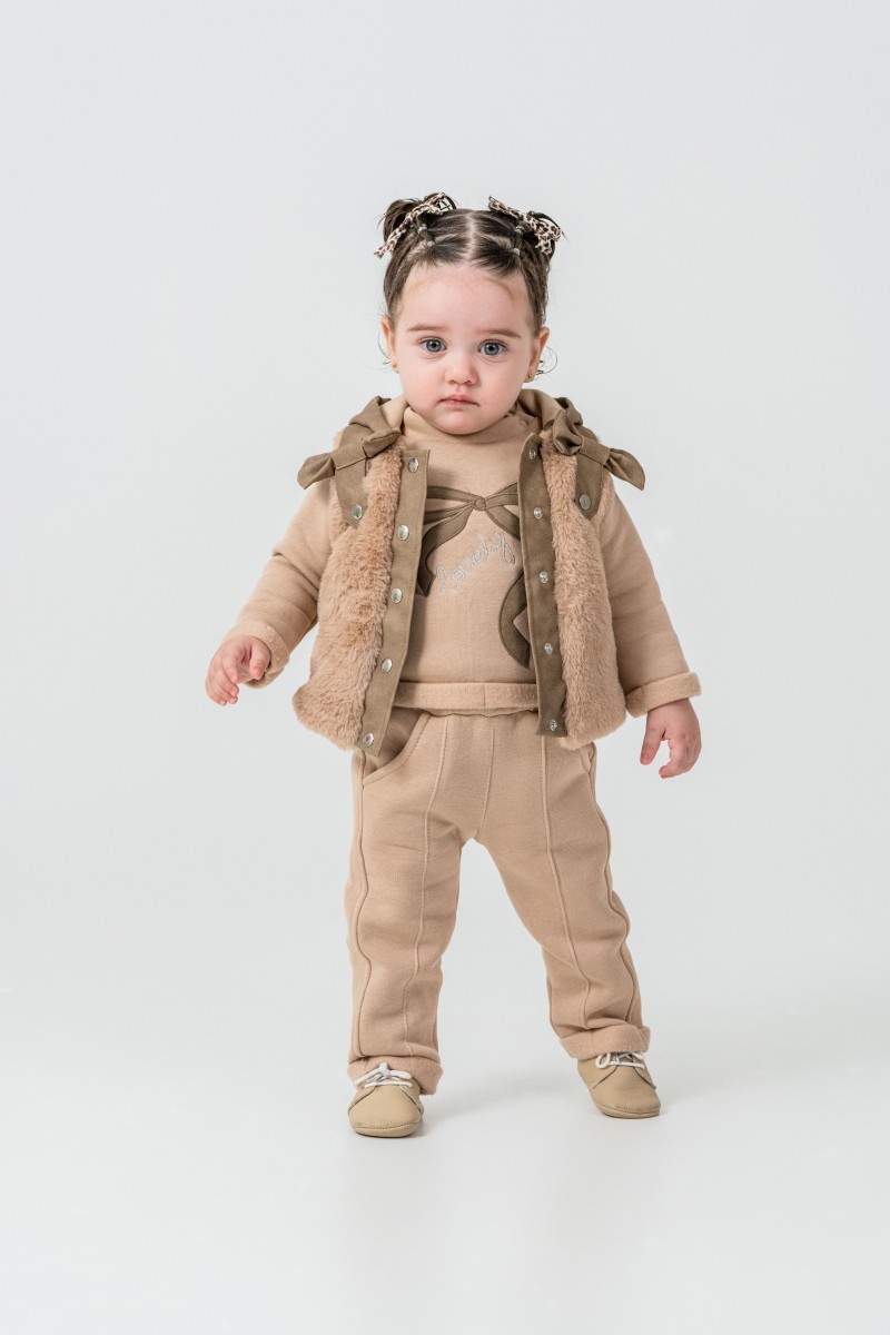 Peluş Yelekli Kız Bebek 9-12-18 Ay 3lü Takım - Bej