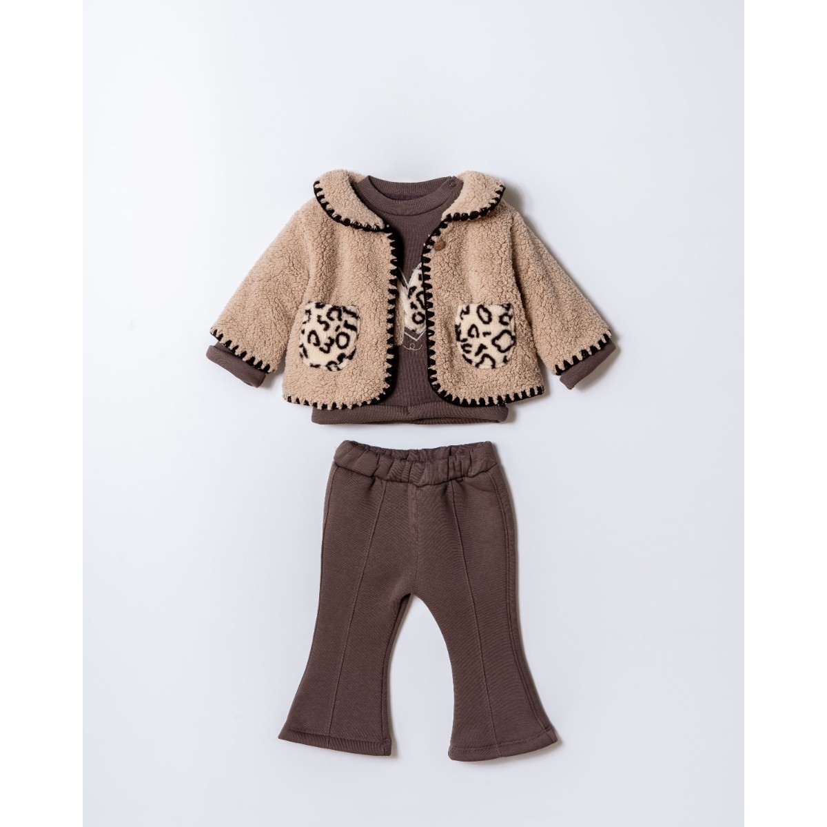 Teddy Ceket Detaylı Leopar Cep Desenli 9-12-18 Ay 3lü Takım - Kahverengi
