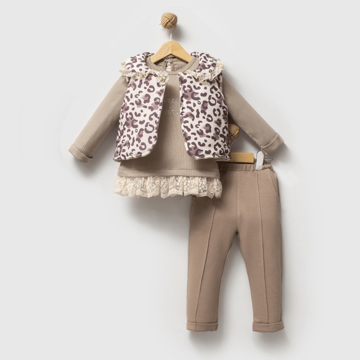 Kız Bebek Dantel Detaylı Leopar Yelekli 9-12-18 Ay 3lü Takım - Bej
