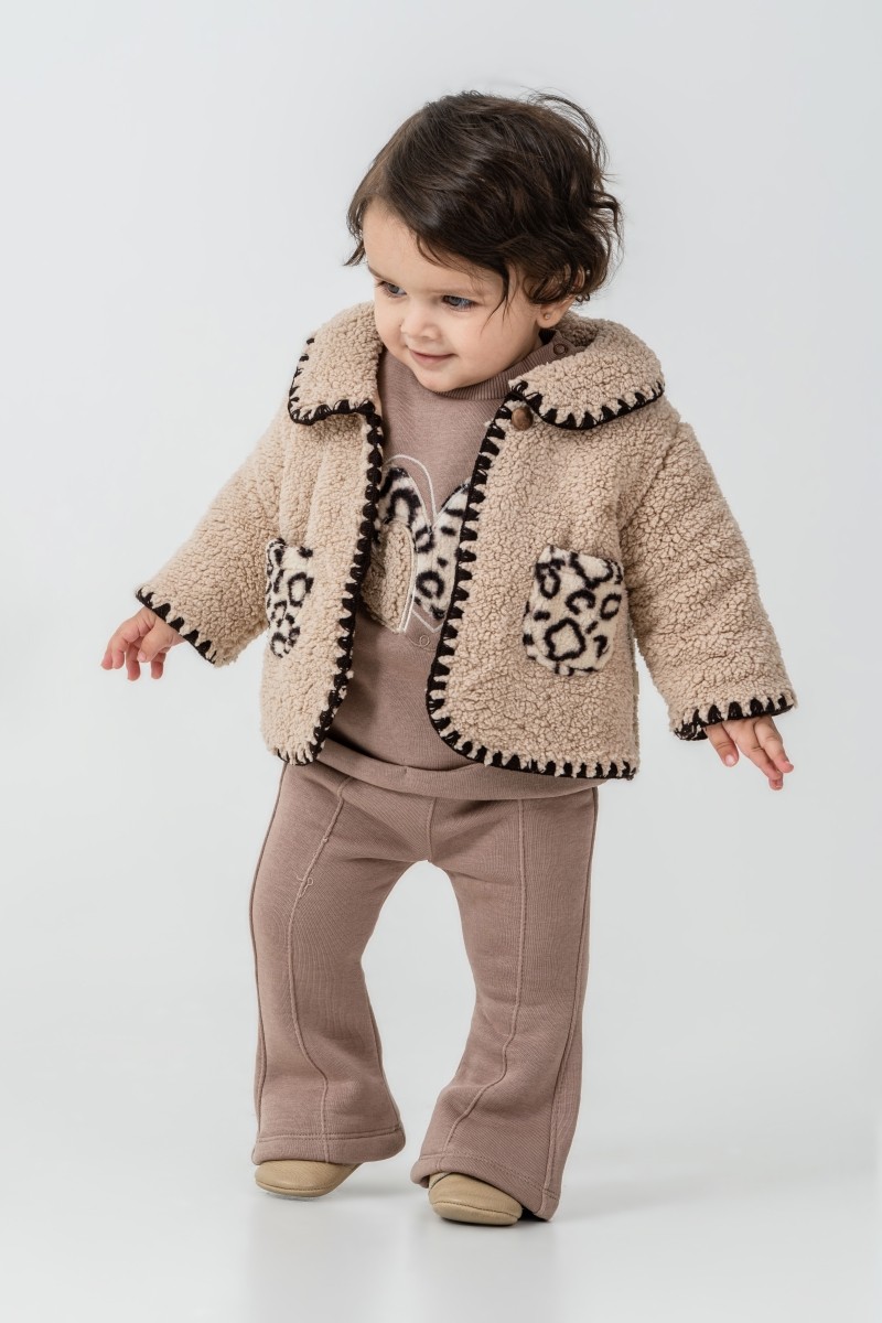 Teddy Ceket Detaylı Leopar Cep Desenli 9-12-18 Ay 3lü Takım
