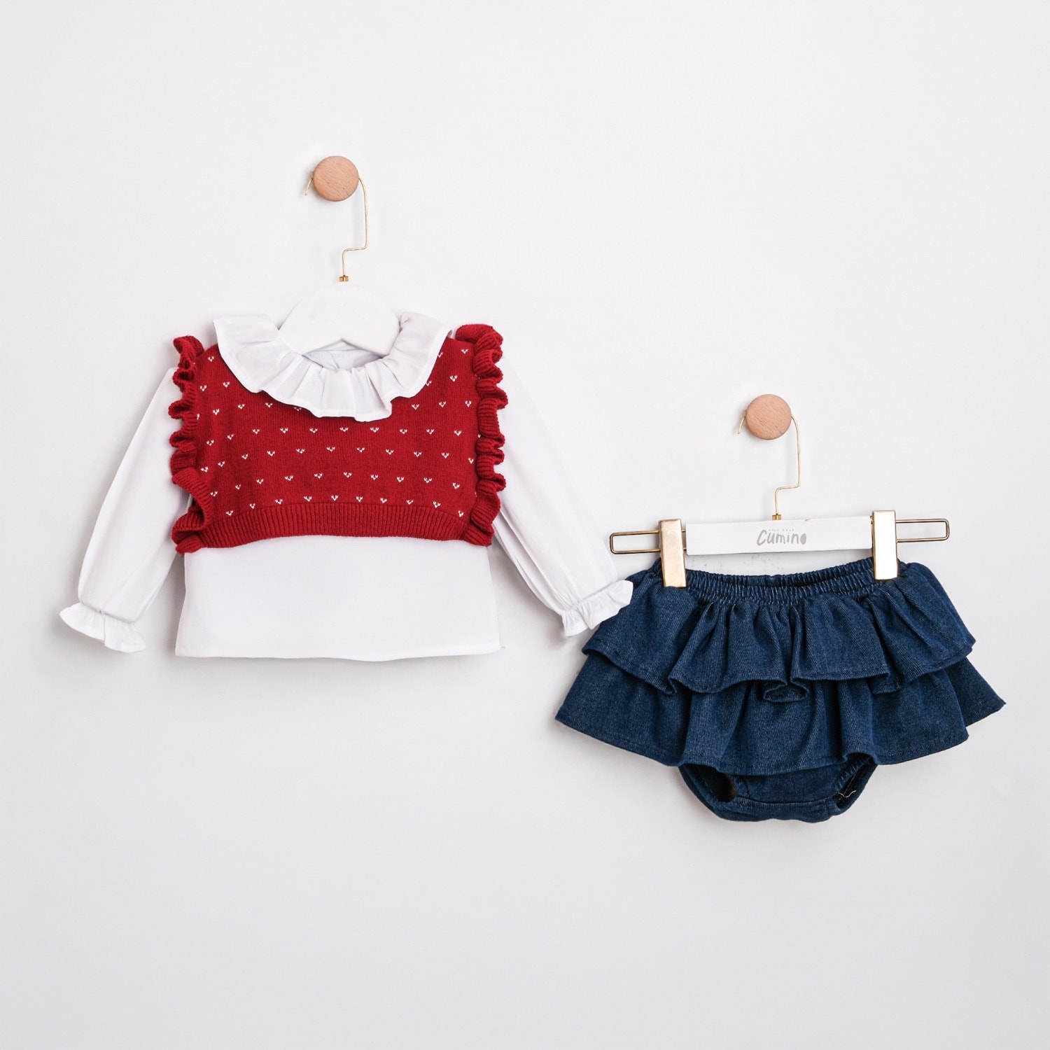 Siena Premium Kız Bebek Triko Hırka ve Fırfır Denim Etek Takım