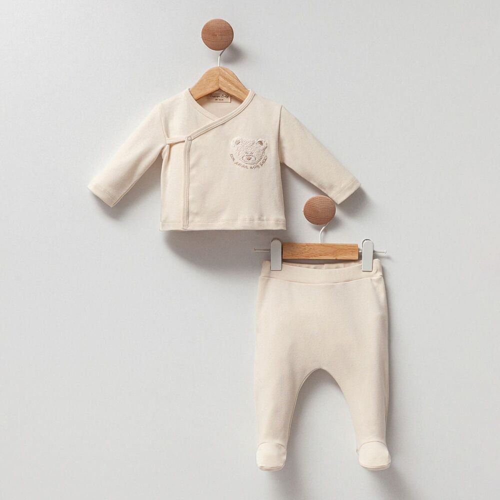 Rian Süzene Ayı Detaylı Kruvaze Unisex Natural Bebek Takım