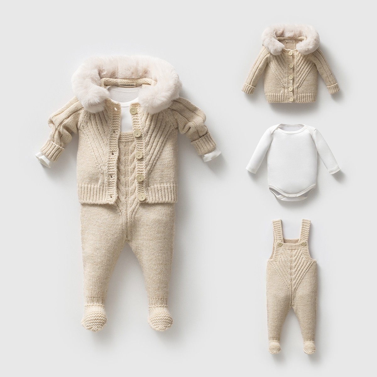 Griffin Unisex Bebek 3-6-9-12 Ay Peluş Yakalı Hırkalı Salopet - Bej