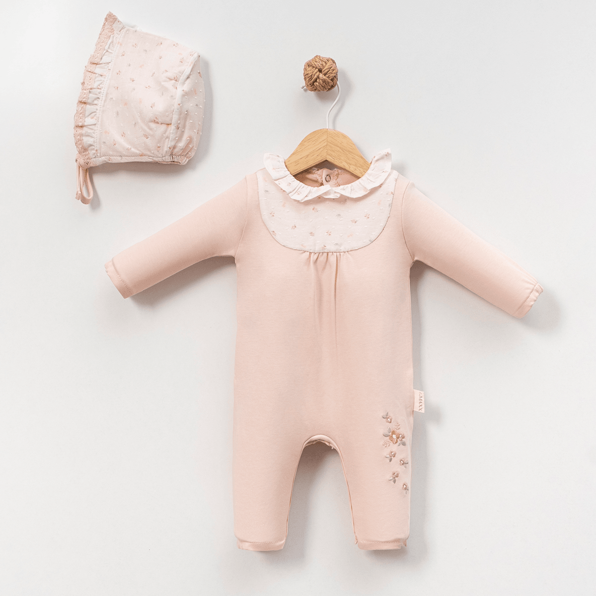 Kız Bebek 3-6-9 Ay Çiçek Detaylı Fırfır Yakalı Tulum - Pembe
