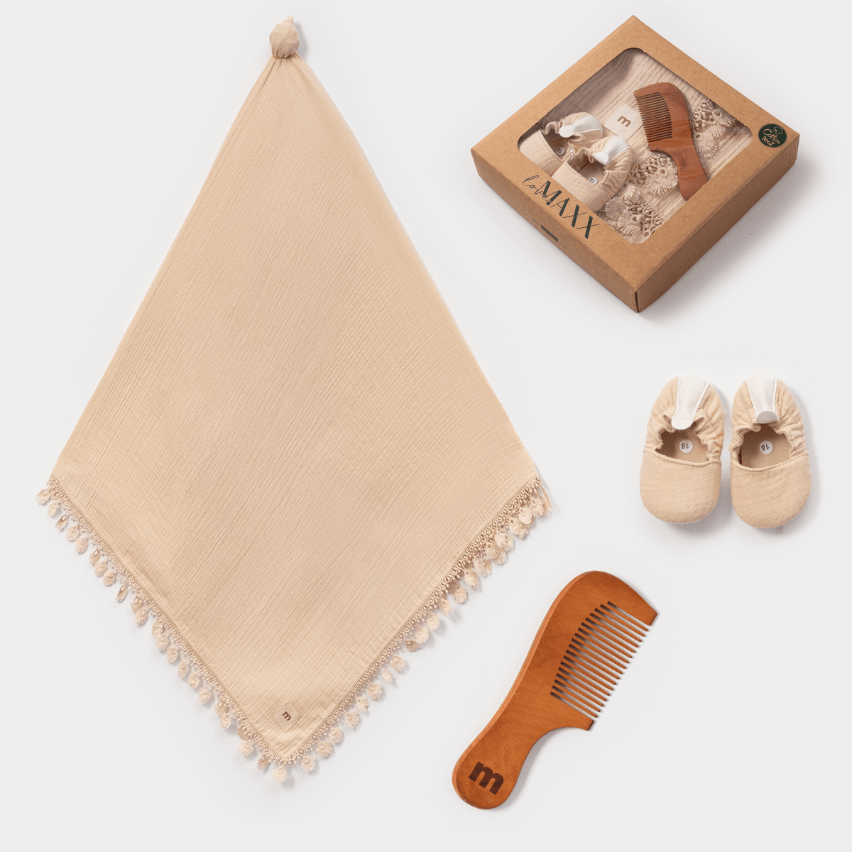 Lovemaxx Unisex Kutulu Hediyelik Müslin Battaniye Tarak Patik Set - Bej