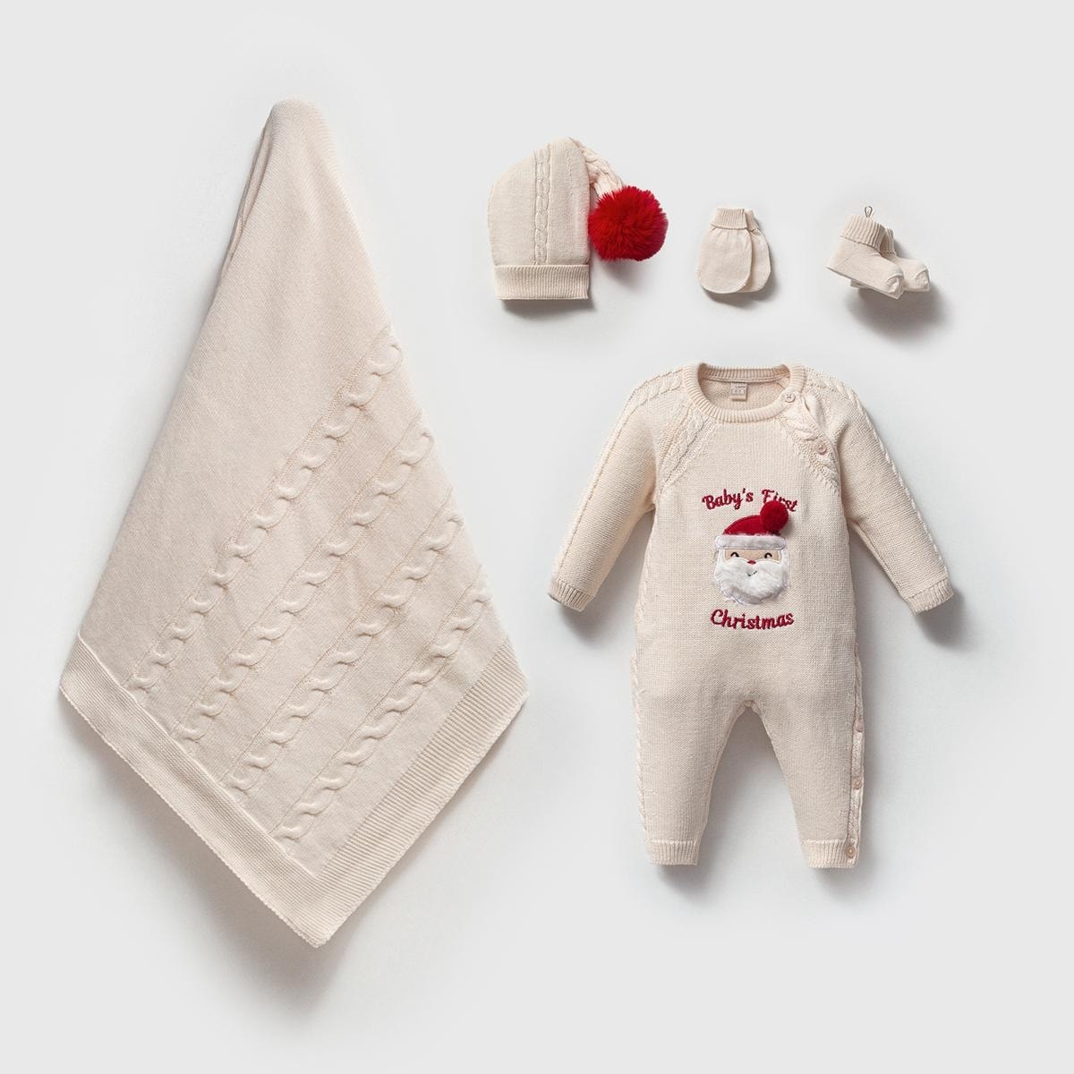 Babys First Christmas Organik Pamuklu Yılbaşı Kız Erkek Hastane Çıkış Seti - Krem