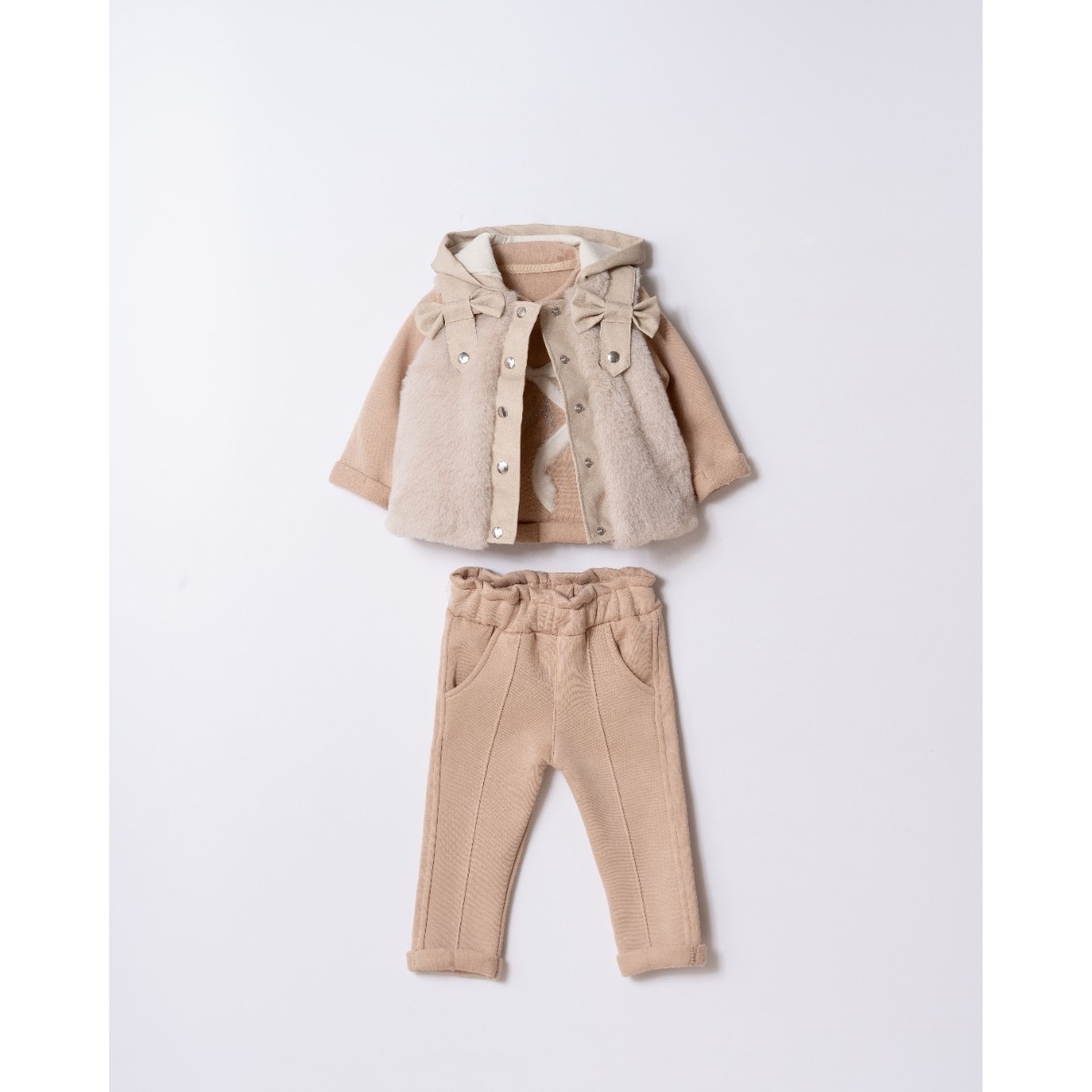 Peluş Yelekli Kız Bebek 9-12-18 Ay 3lü Takım - Kahverengi