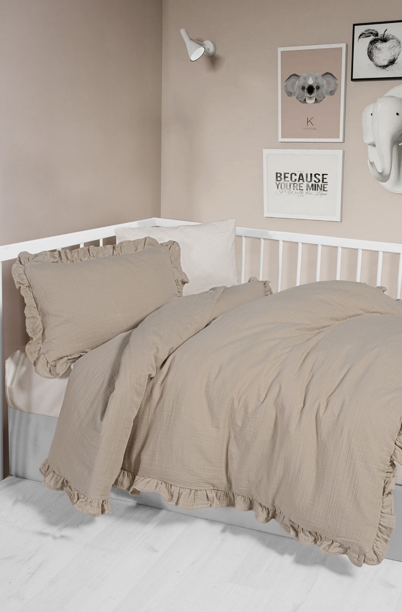 Kanz Premium Unisex Fırfırlı 2 Kat Müslin Bebek ve Çocuk Nevresim Seti - Bej