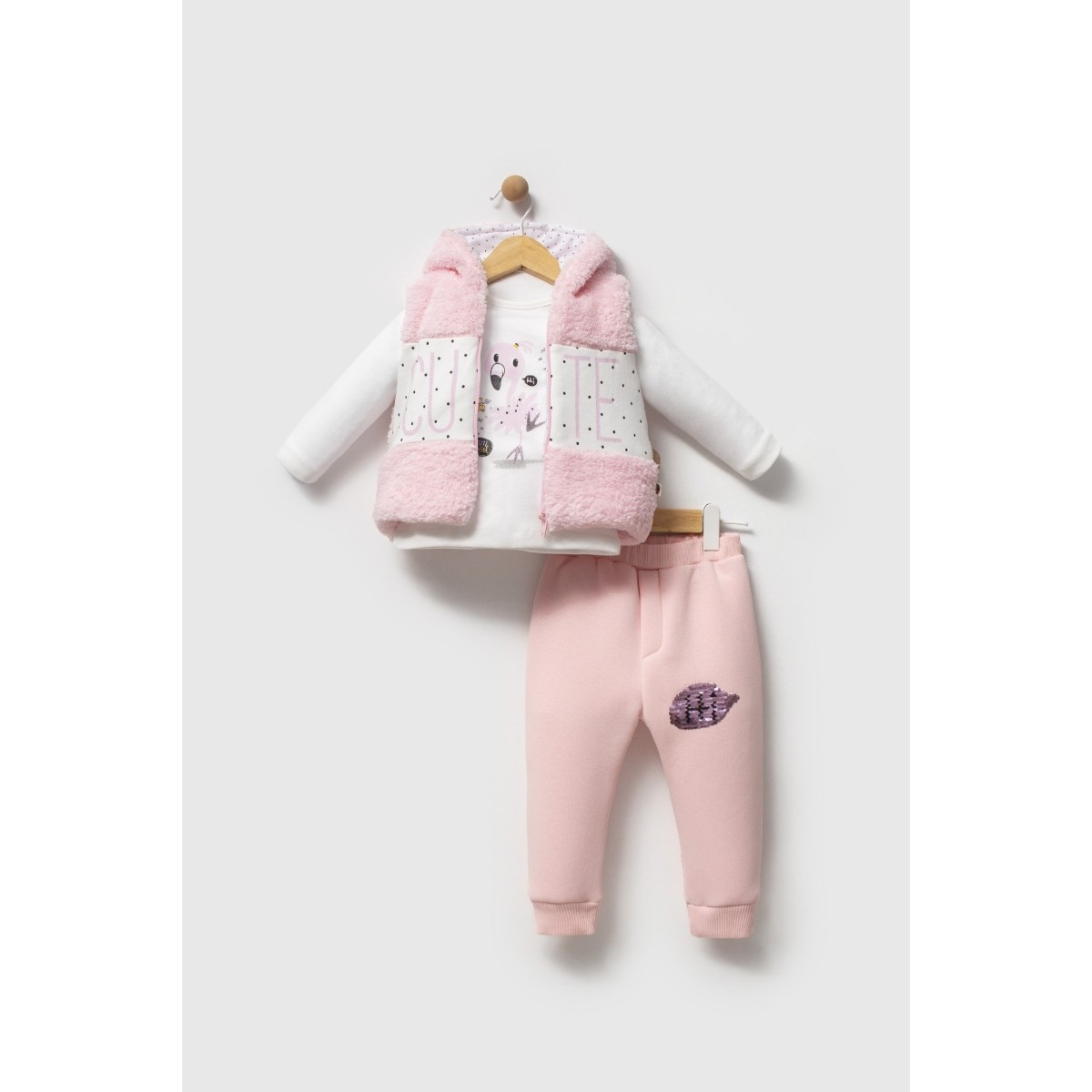 Cute Kız Bebek Peluş Yelekli 9-12-18 Ay 3lü Takım - Pembe