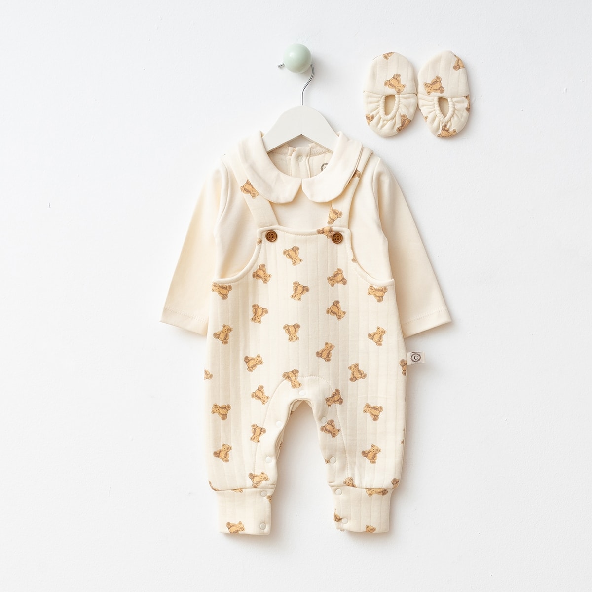 Ayıcıklı Pamuklu Kapitone Erkek ve Kız Bebek Patikli Tulum Set