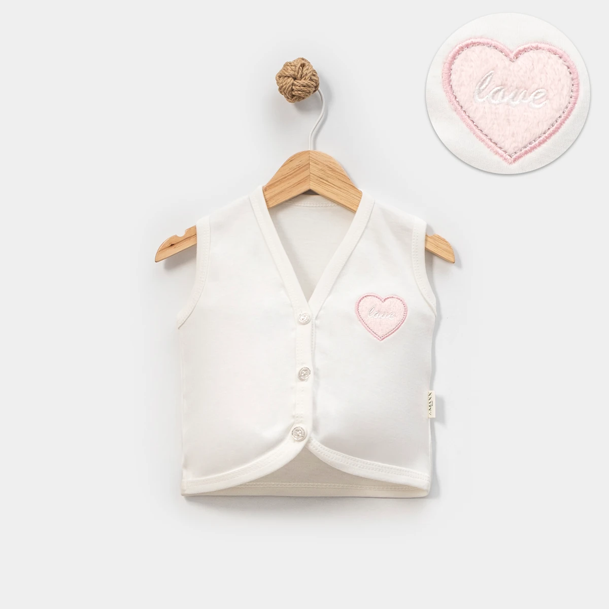 Love Kız Bebek 6-9-12-18-24 Ay Kalp  Nakışlı Yelek - Ekru