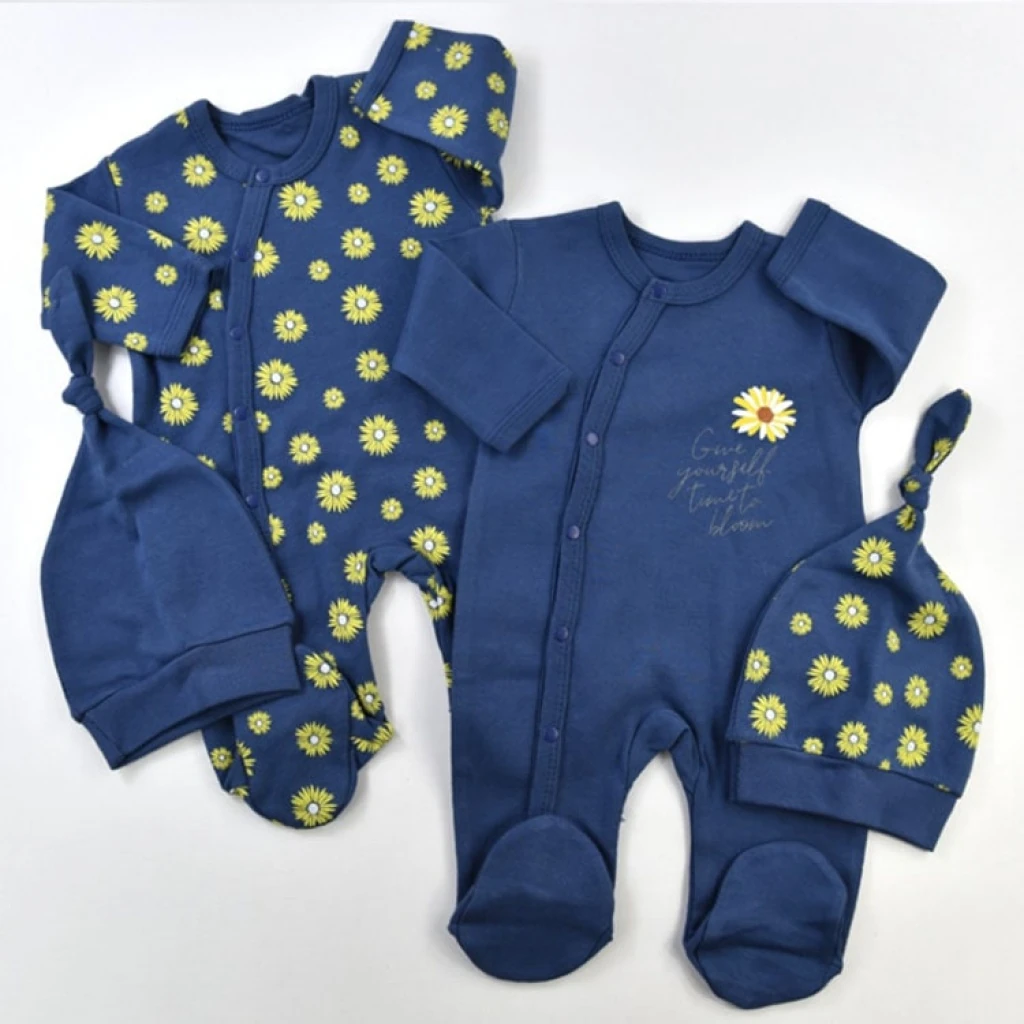 Papatyalı Pamuklu Kız Bebek Yenidoğan 4'lü Tulum Seti - Lacivert