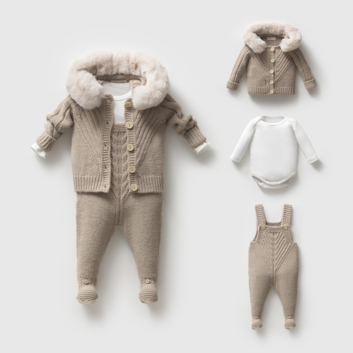 Griffin Unisex Bebek 3-6-9-12 Ay Peluş Yakalı Hırkalı Salopet - Taş