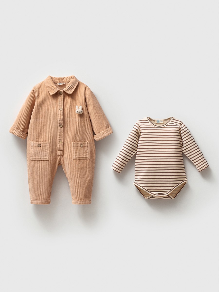 Lilibeth Kadife Unisex Çizgili Body ve Kadife Tulum Takım - Somon