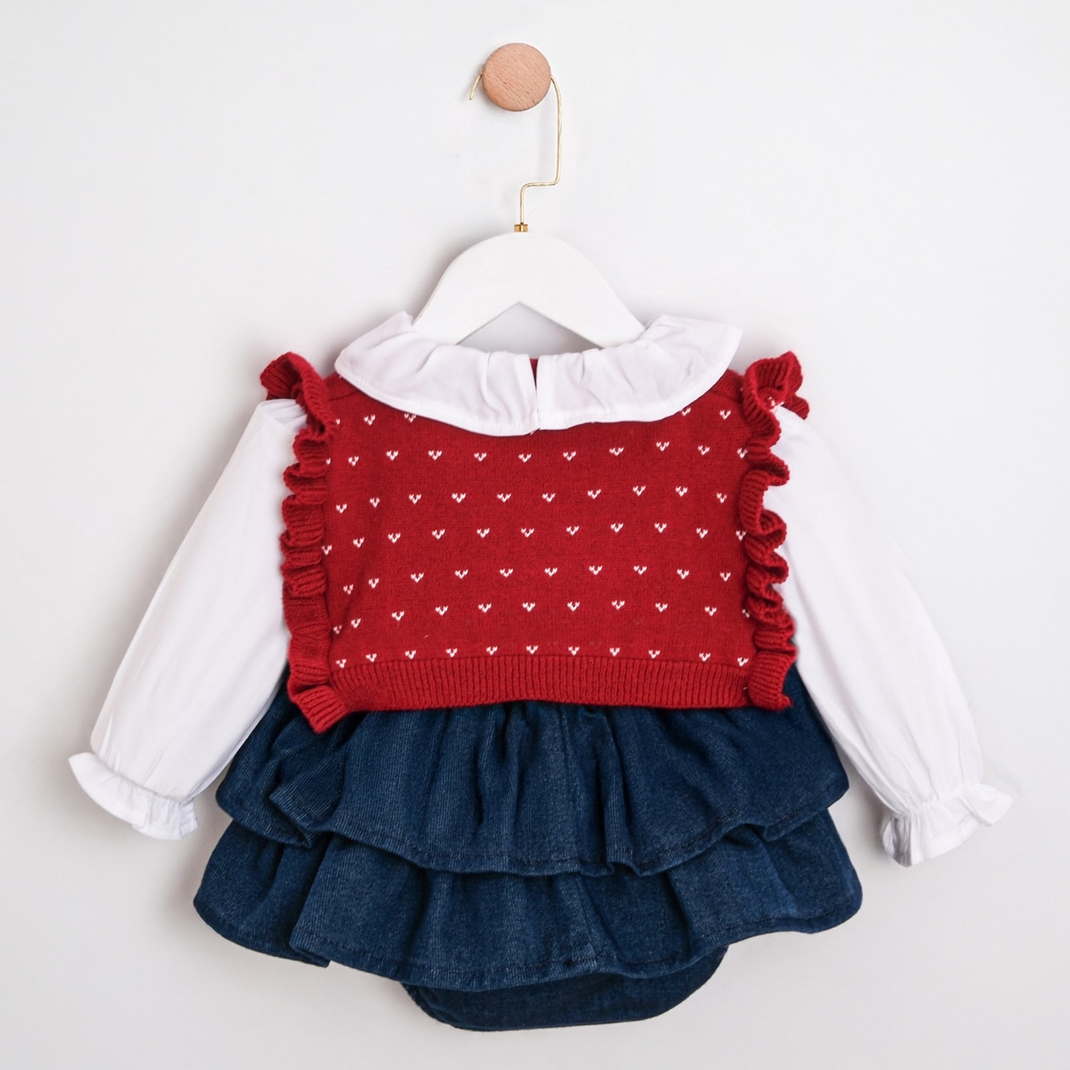 Siena Premium Kız Bebek Triko Hırka ve Fırfır Denim Etek Takım