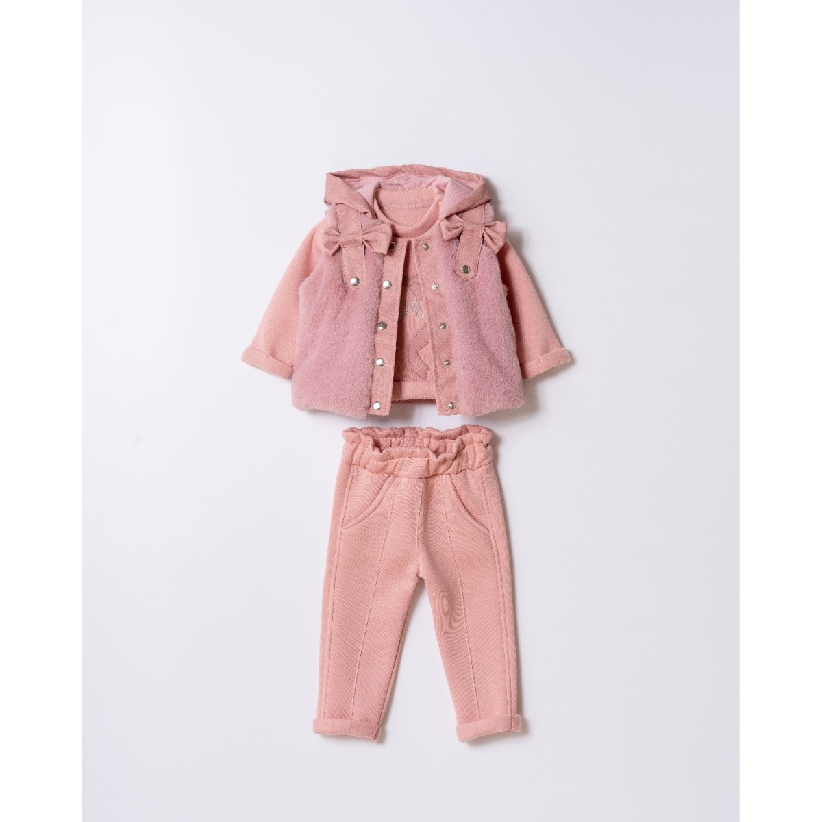 Peluş Yelekli Kız Bebek 9-12-18 Ay 3lü Takım - Gül Kurusu