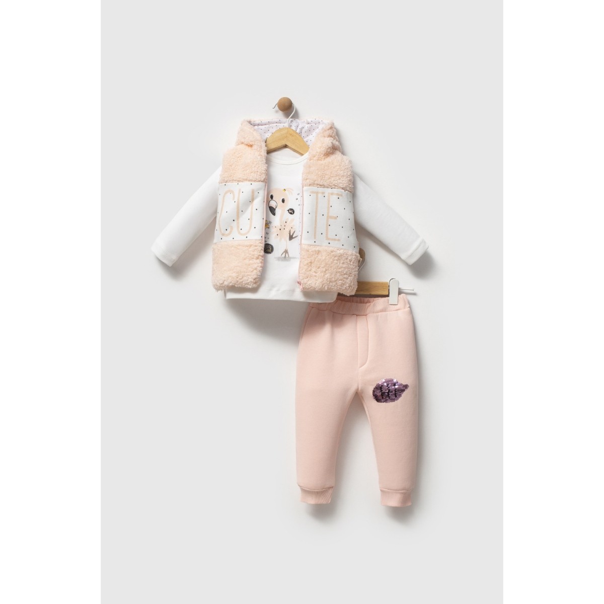 Cute Kız Bebek Peluş Yelekli 9-12-18 Ay 3lü Takım - Pudra
