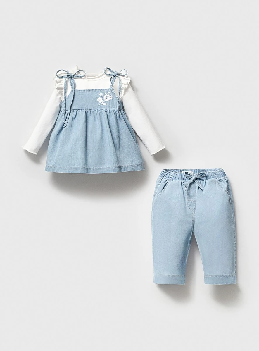 Angelica Kız Bebek Nakış Detaylı Tasarım 9-24 Ay 3'lü Takım