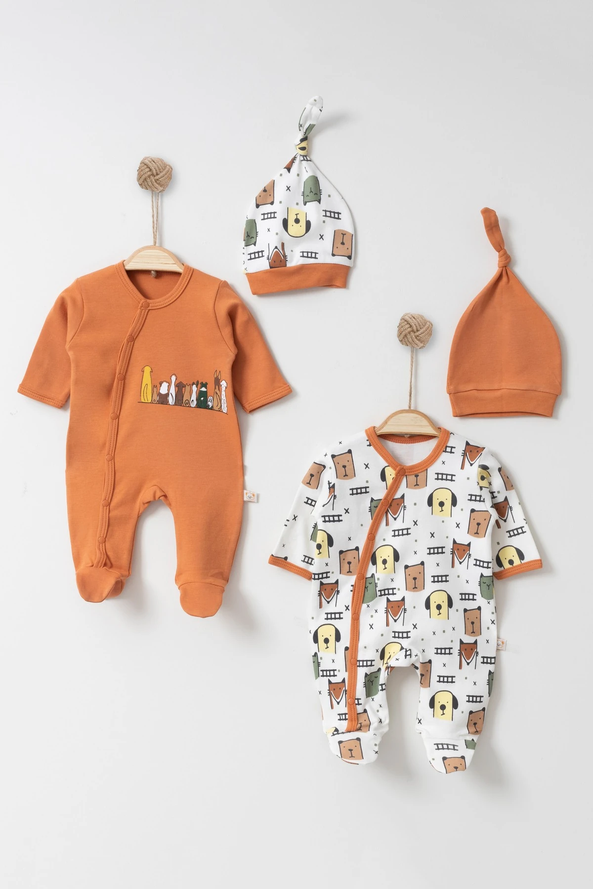 Tatlı Hayvanlar Pamuklu Kız ve Erkek Bebek Yenidoğan 4'lü Tulum Seti