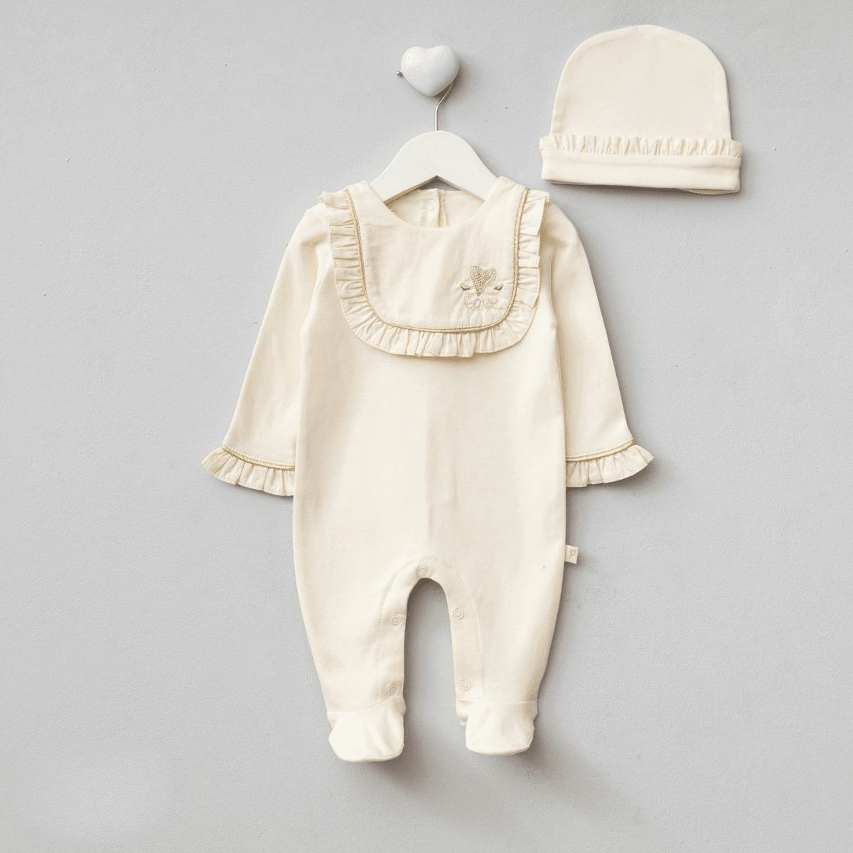 Lovely Pamuklu Premium Kız Bebek Yaka Detaylı Tulum - Krem
