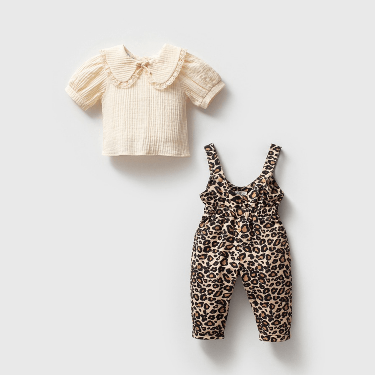 Antonella Kız Bebek Bebe Yaka Leoparlı Salopet Tulum Set