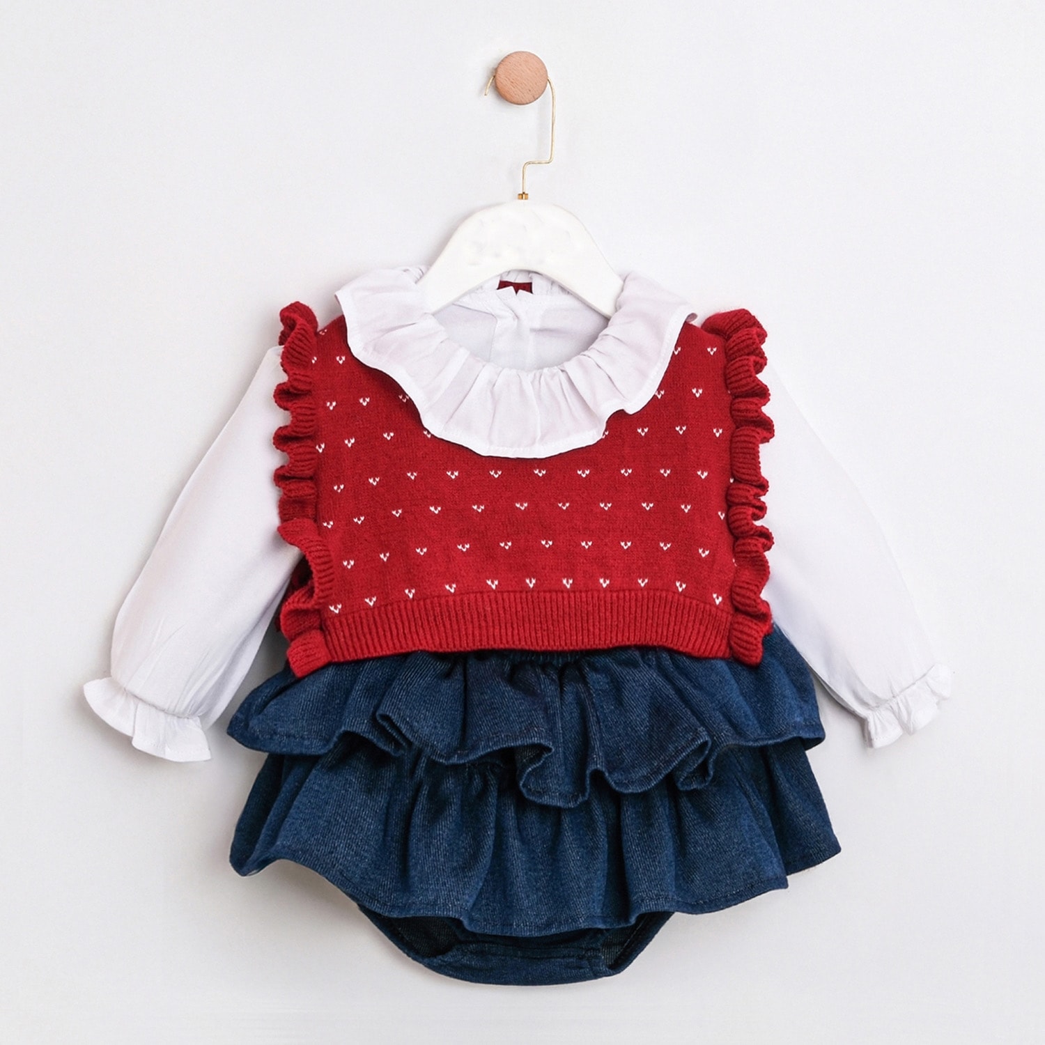 Siena Premium Kız Bebek Triko Hırka ve Fırfır Denim Etek Takım