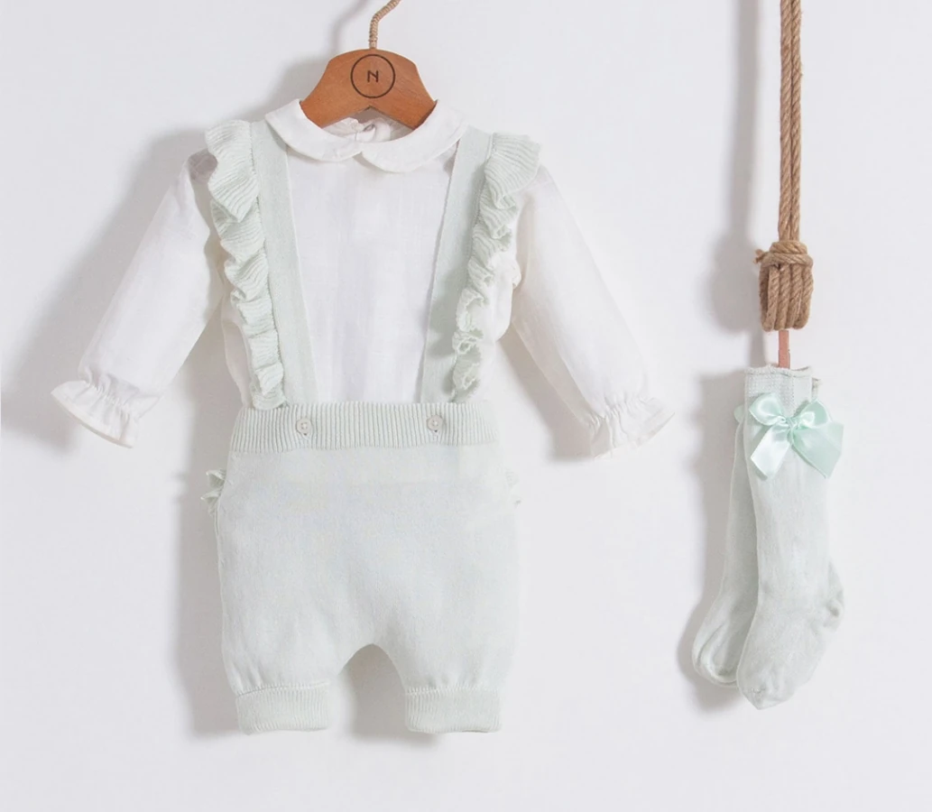 Fırfırlı Organik Pamuklu Salopet ve Keten Body Kız Bebek Takım