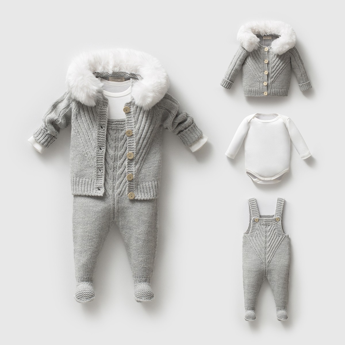 Griffin Unisex Bebek 3-6-9-12 Ay Peluş Yakalı Hırkalı Salopet - Gri
